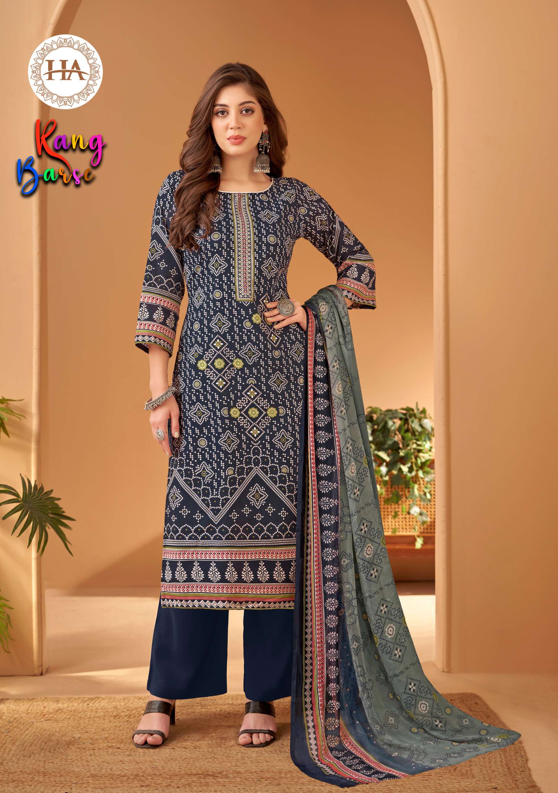 HARSHIT FASHION HUB RANG BARSE COTTON BANDHANI PRINT WITH WORK SUIT