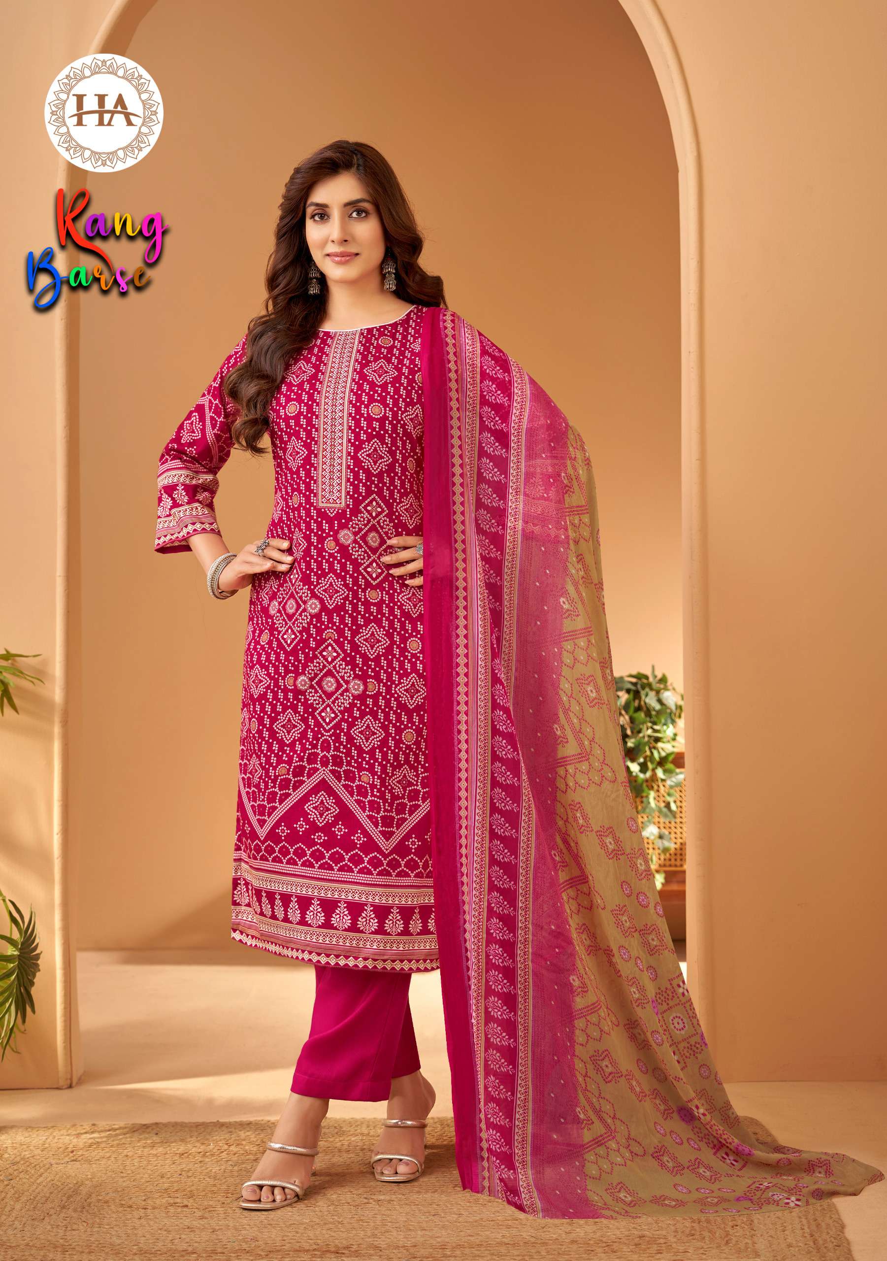 HARSHIT FASHION HUB RANG BARSE COTTON BANDHANI PRINT WITH WORK SUIT