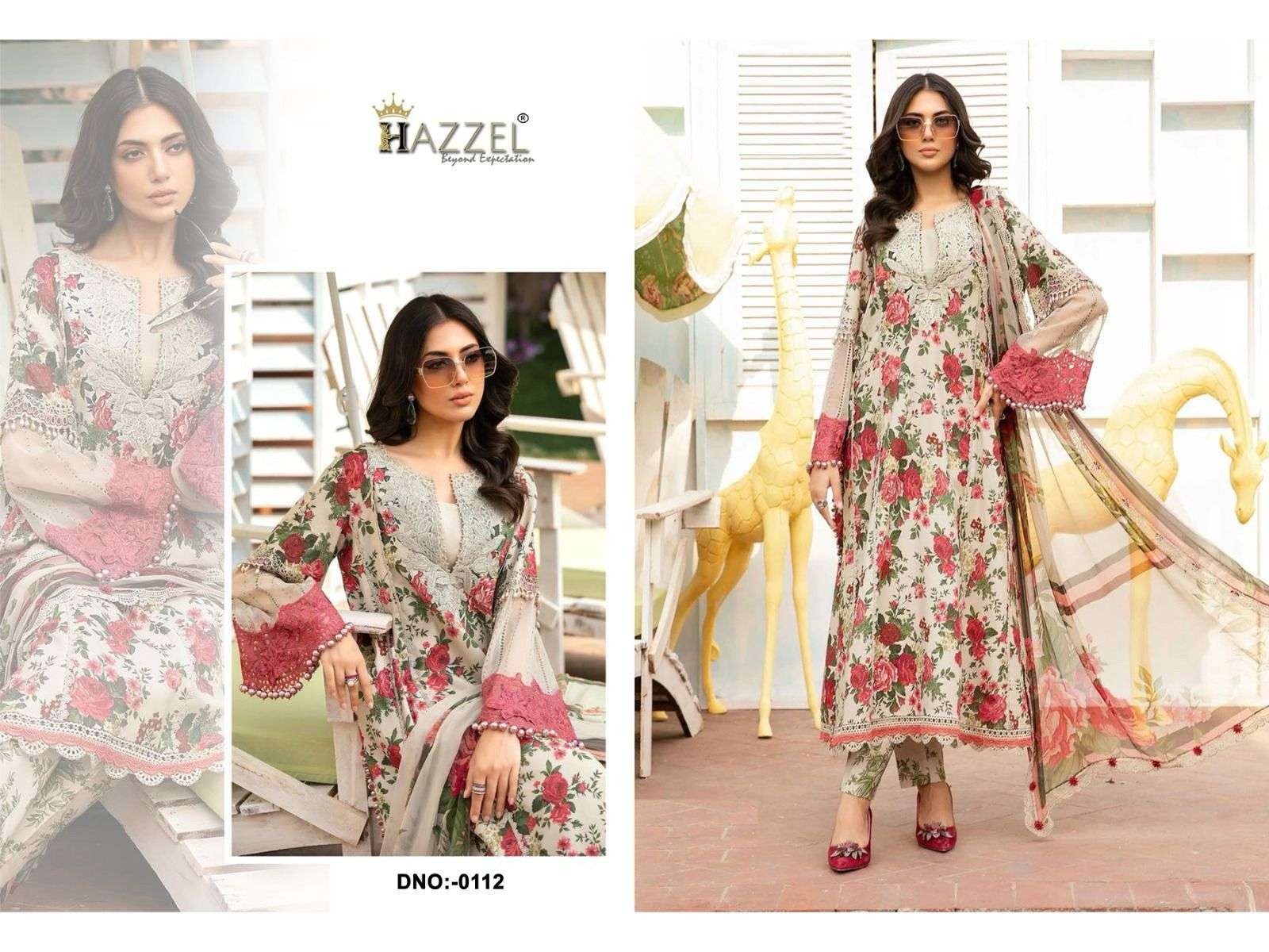 HAZEEL DESIGN NO - 0112 PURE COTTON PRINT EMRBOIDERED PATCH PAKISTANI SALWAR SUIT