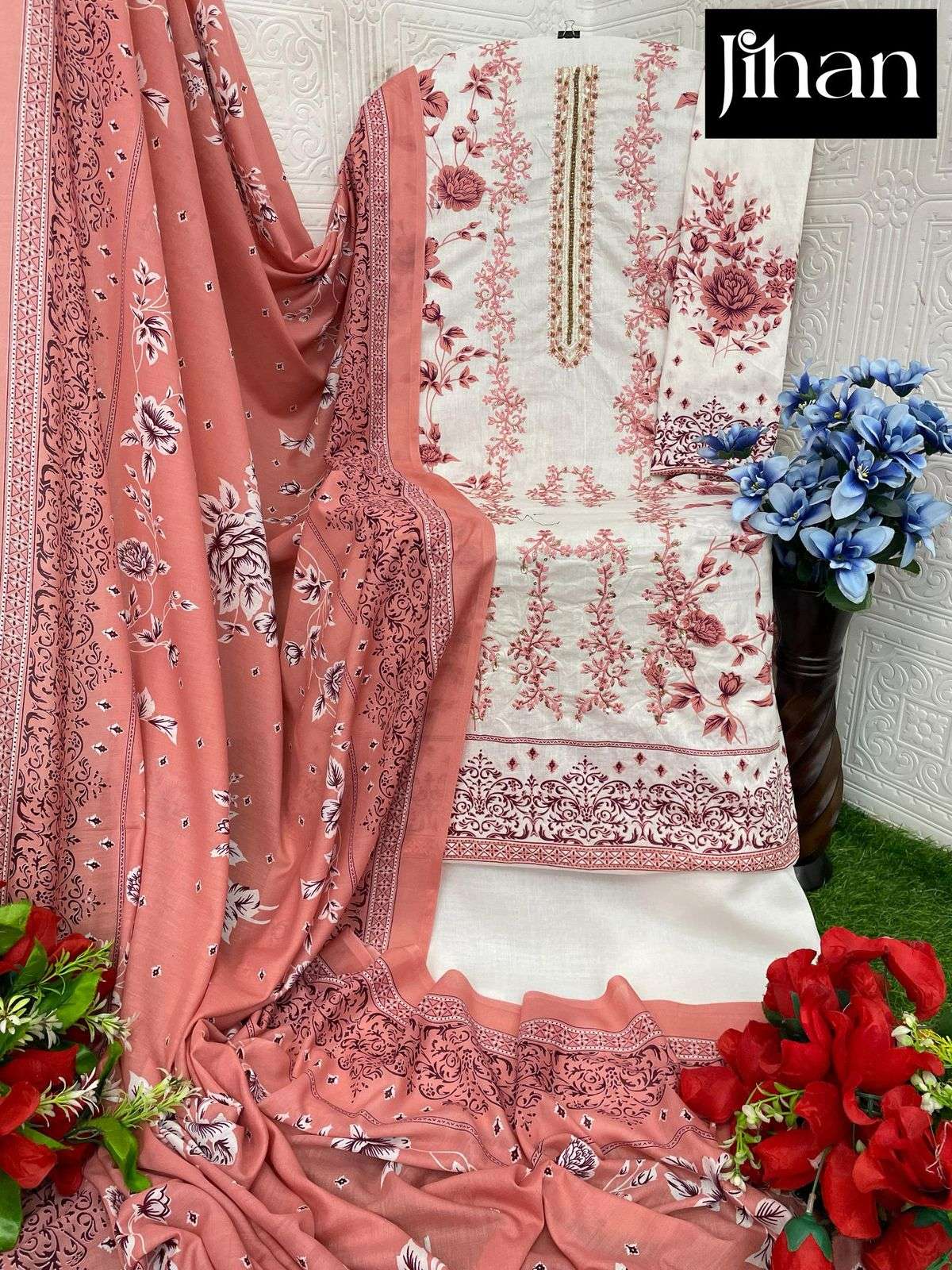JIHAN SAHNAZ SELF EMBROIDERED COLLECTION COTTON FANCY WORK SALWAR KAMEEZ   