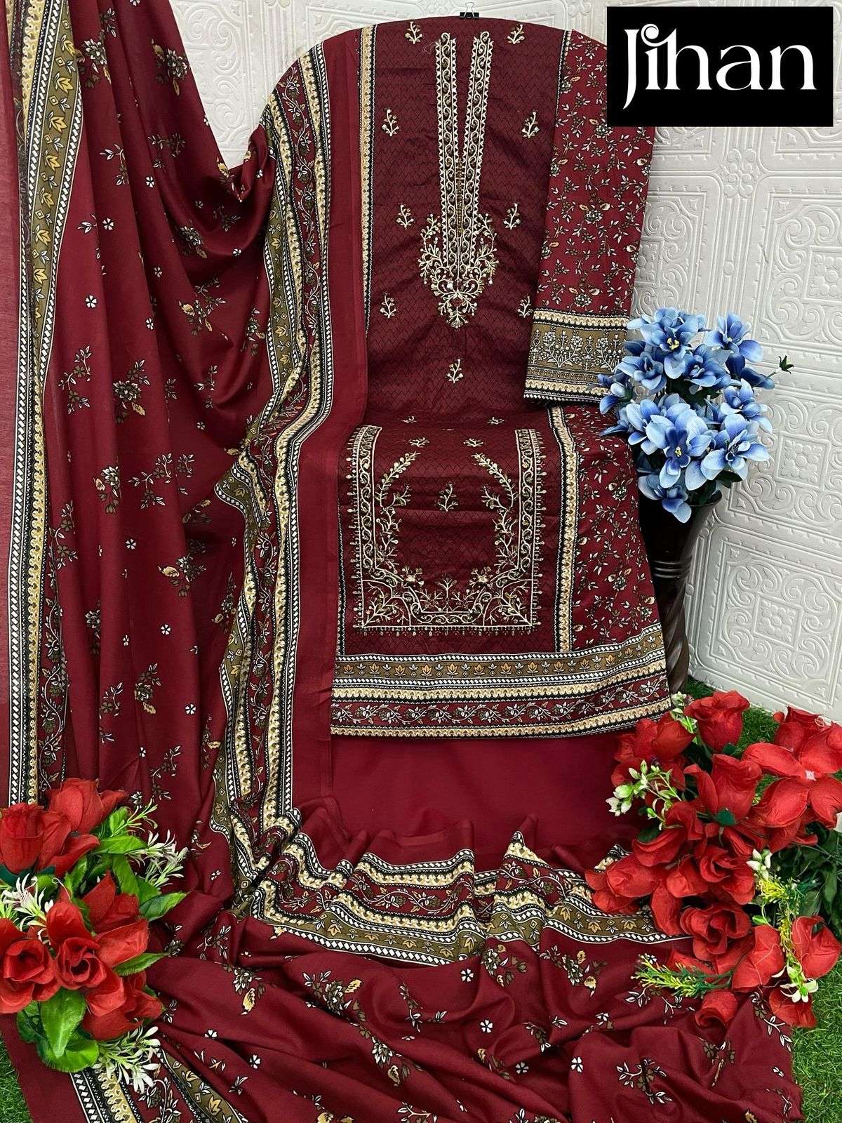 JIHAN SAHNAZ SELF EMBROIDERED COLLECTION COTTON FANCY WORK SALWAR KAMEEZ   