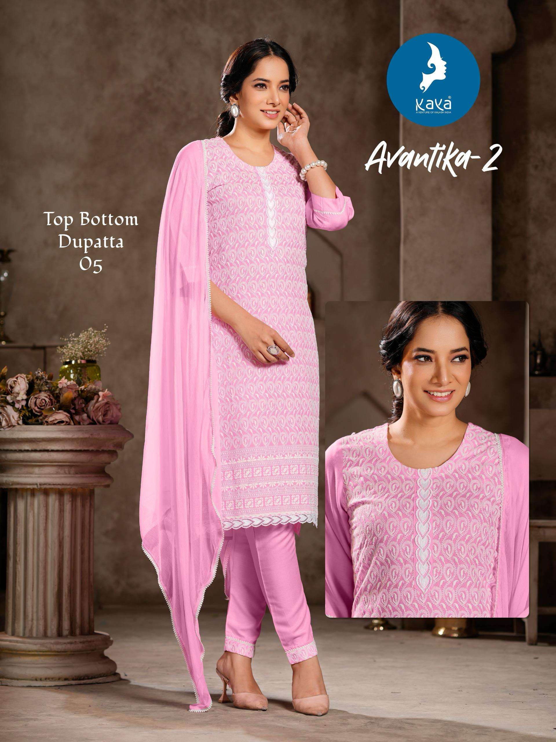  KAYA AVANTIKA VOL 2 RAYON CHICKEN WORK FANCY KURTI COMBO SET 
