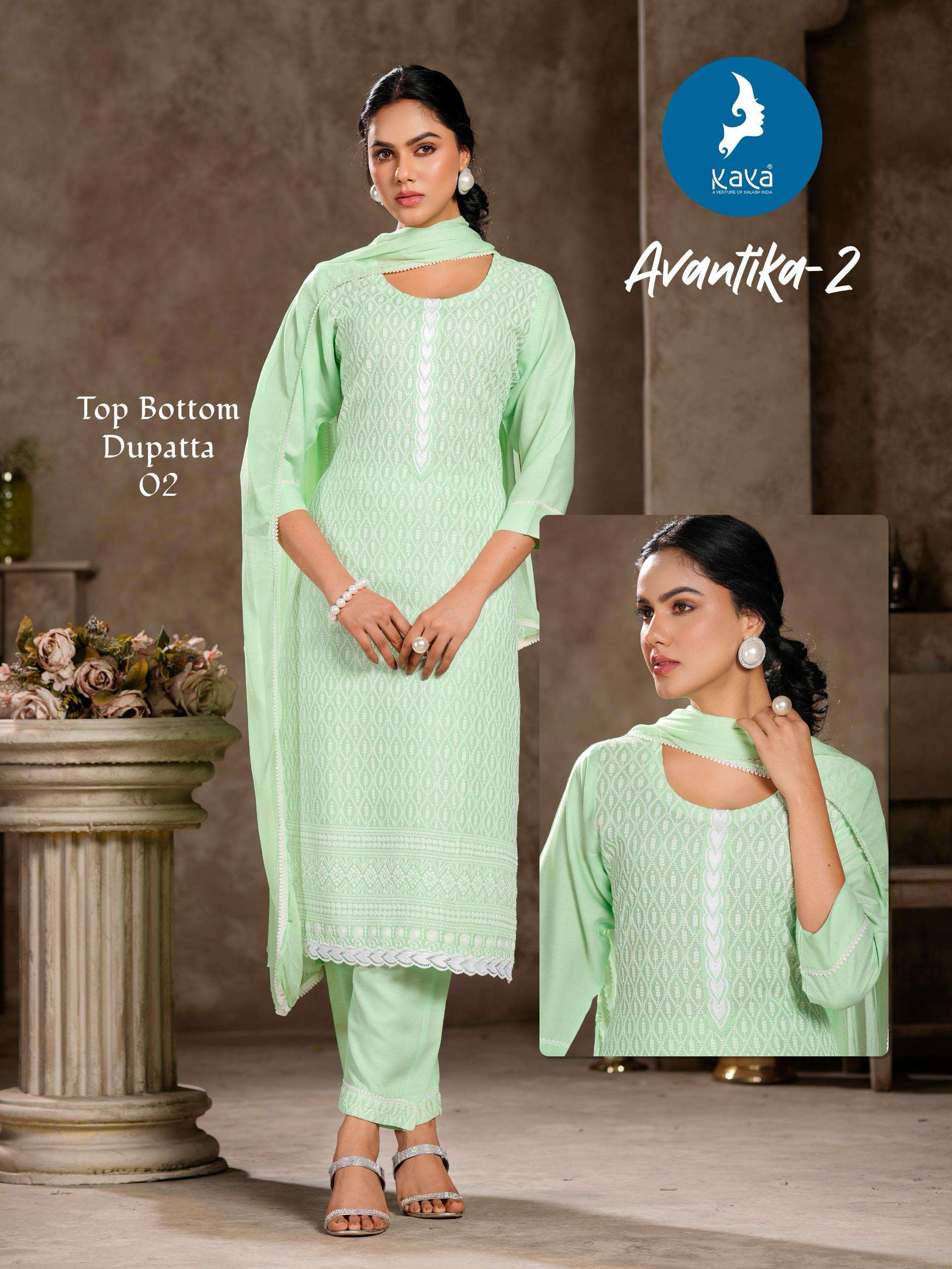  KAYA AVANTIKA VOL 2 RAYON CHICKEN WORK FANCY KURTI COMBO SET 