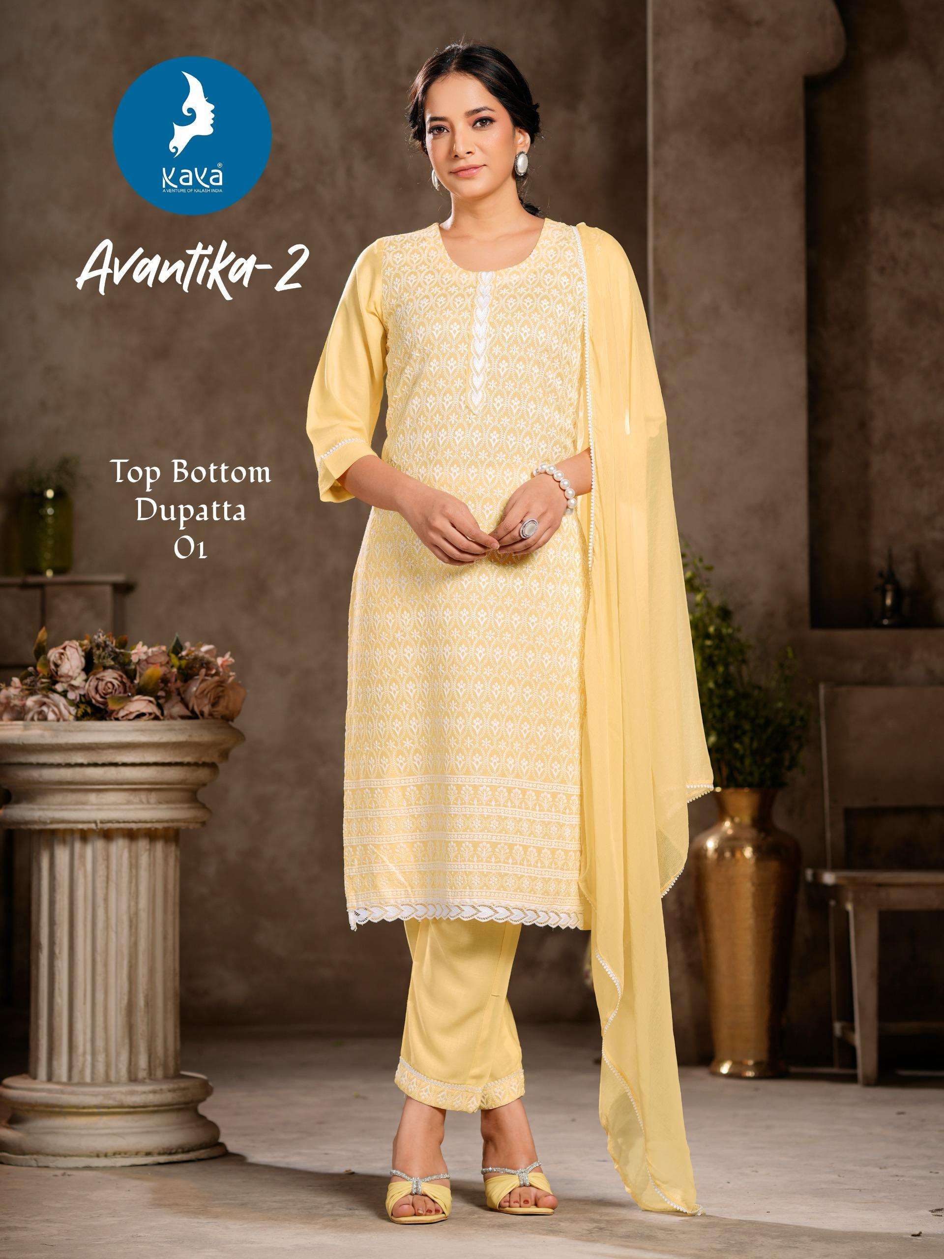  KAYA AVANTIKA VOL 2 RAYON CHICKEN WORK FANCY KURTI COMBO SET 