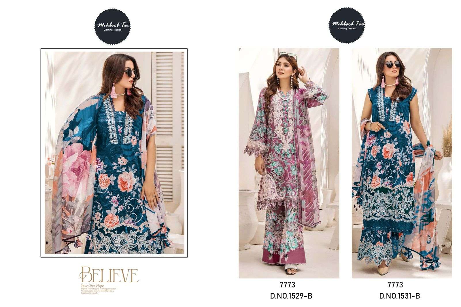 MEHBOOB TEX DESIGN NO - 1529-1531  PURE COTTON PRINT EMBROIDERED SELF WORK PAKISTANI SALWAR SUIT
