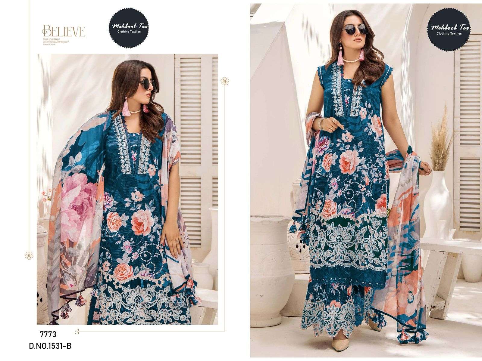 MEHBOOB TEX DESIGN NO - 1529-1531  PURE COTTON PRINT EMBROIDERED SELF WORK PAKISTANI SALWAR SUIT