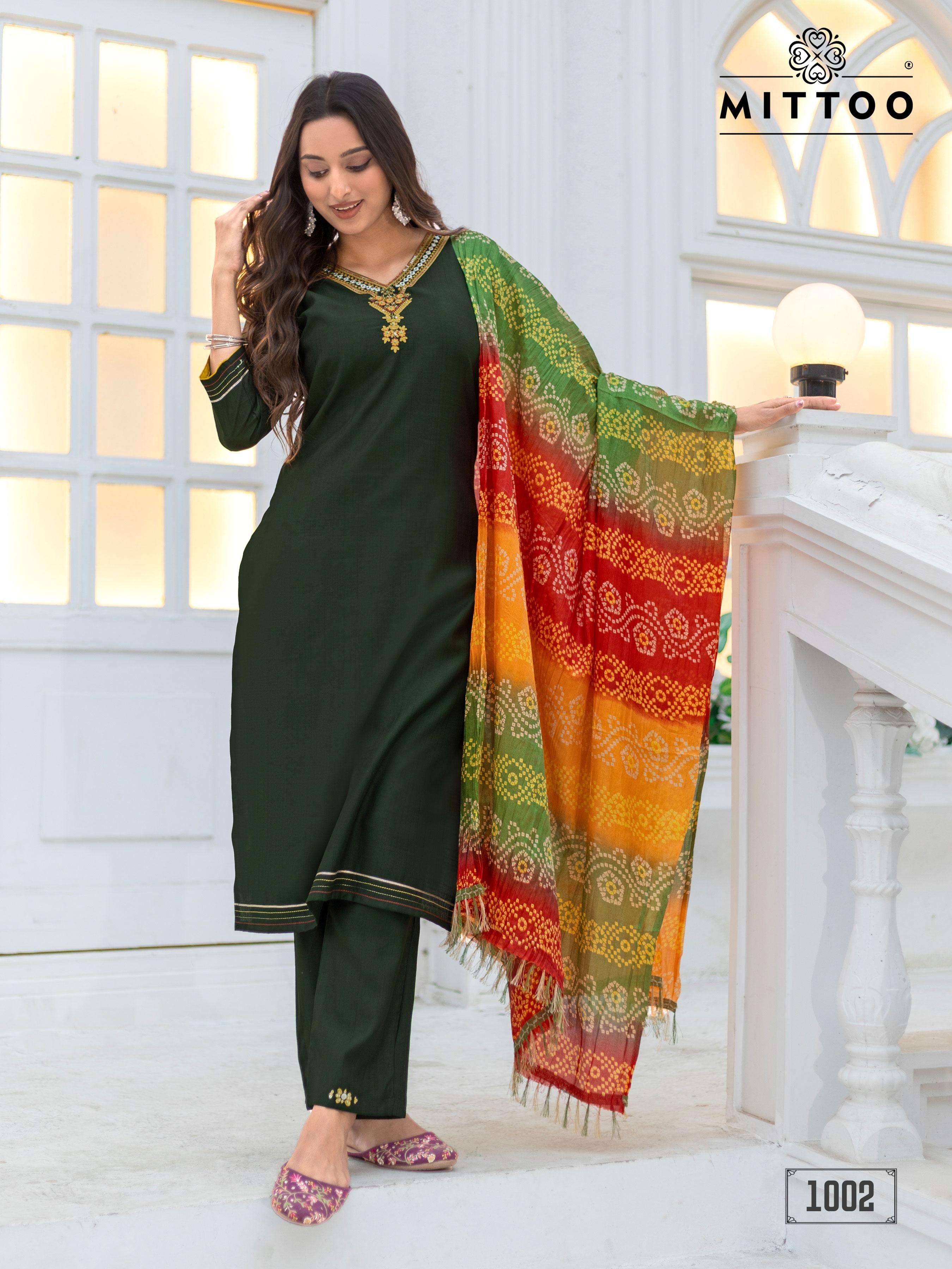 MITTOO NITIKA SILK FANCY LADIES KURTI BOTTOM AND DUPATTA SET