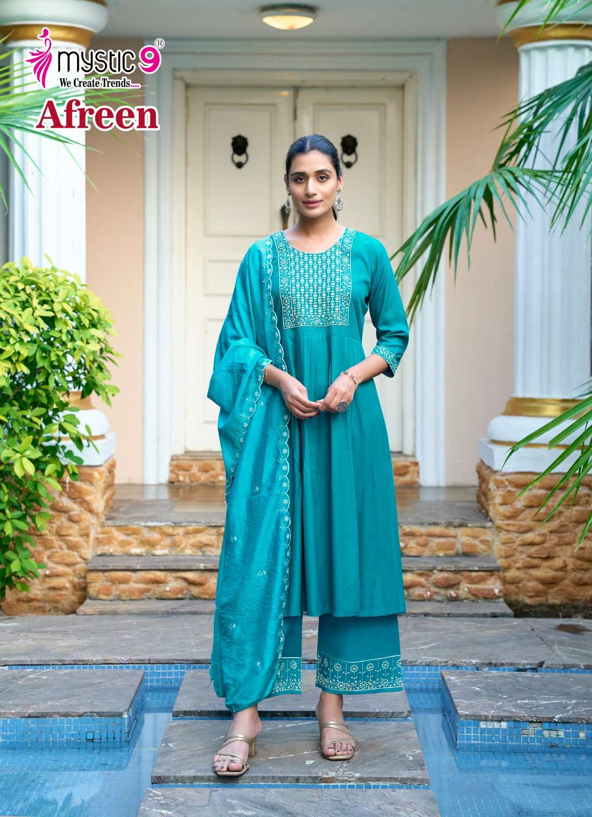 MYSTIC 9  AFREEN VOL 1 VISCOSE FANCY WORK NAIRA CUT PATTERN KURTI COMBO SET 