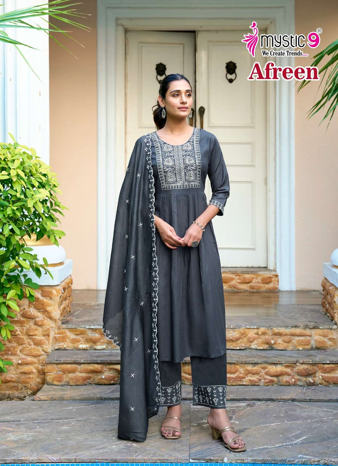 MYSTIC 9  AFREEN VOL 1 VISCOSE FANCY WORK NAIRA CUT PATTERN KURTI COMBO SET 