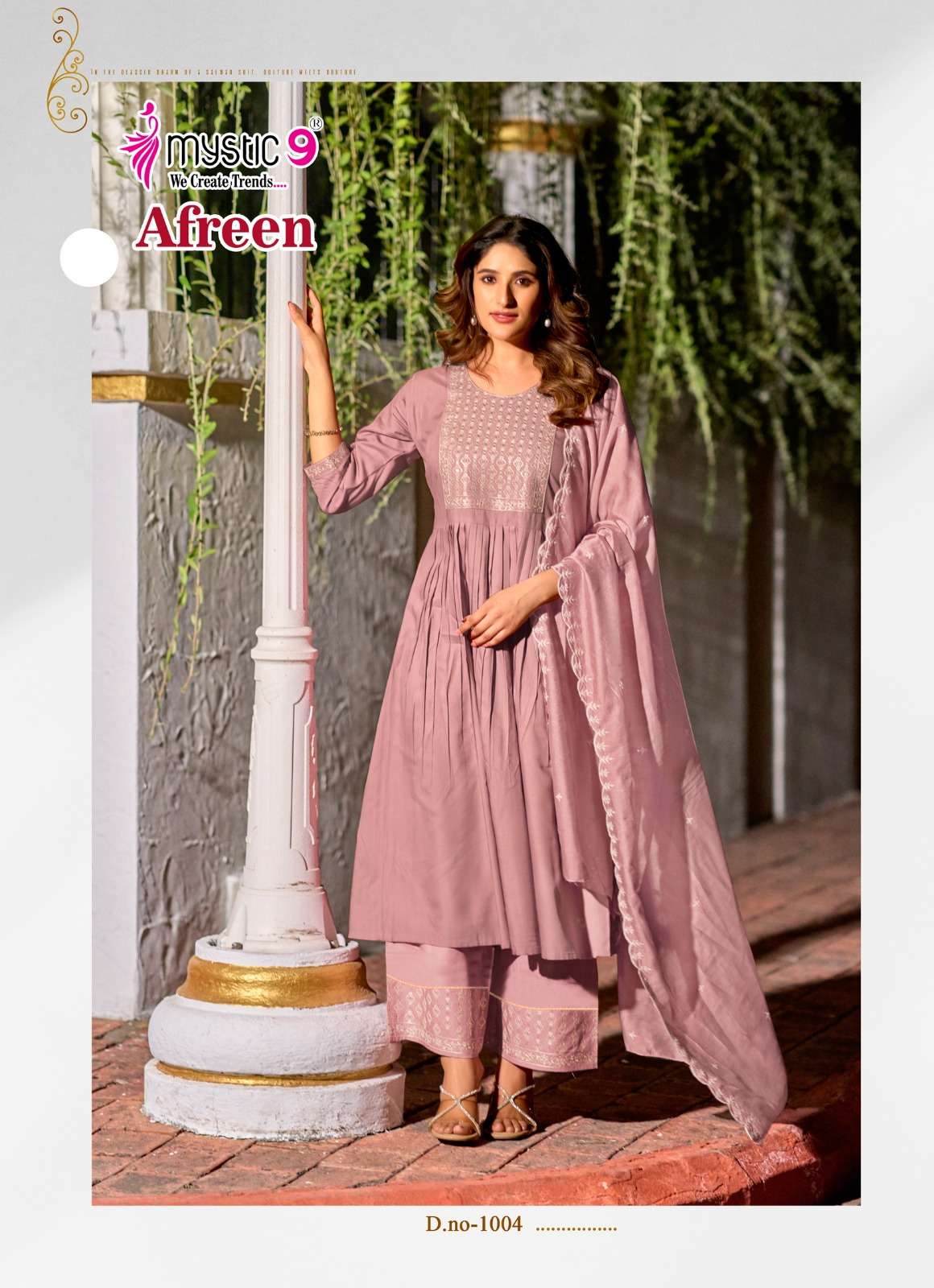 MYSTIC 9  AFREEN VOL 1 VISCOSE FANCY WORK NAIRA CUT PATTERN KURTI COMBO SET 