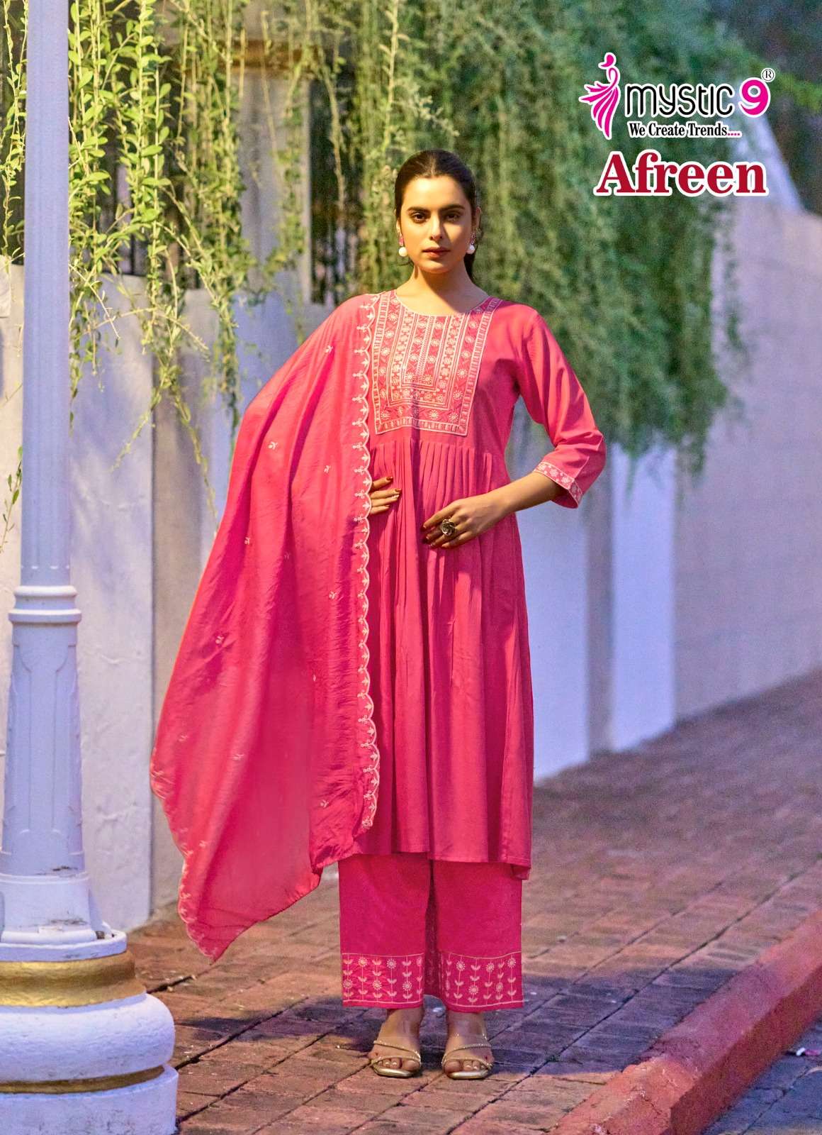 MYSTIC 9  AFREEN VOL 1 VISCOSE FANCY WORK NAIRA CUT PATTERN KURTI COMBO SET 