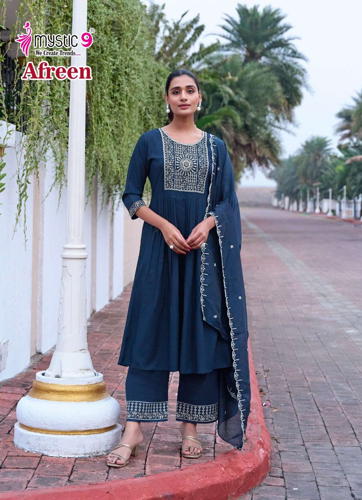 MYSTIC 9  AFREEN VOL 1 VISCOSE FANCY WORK NAIRA CUT PATTERN KURTI COMBO SET 