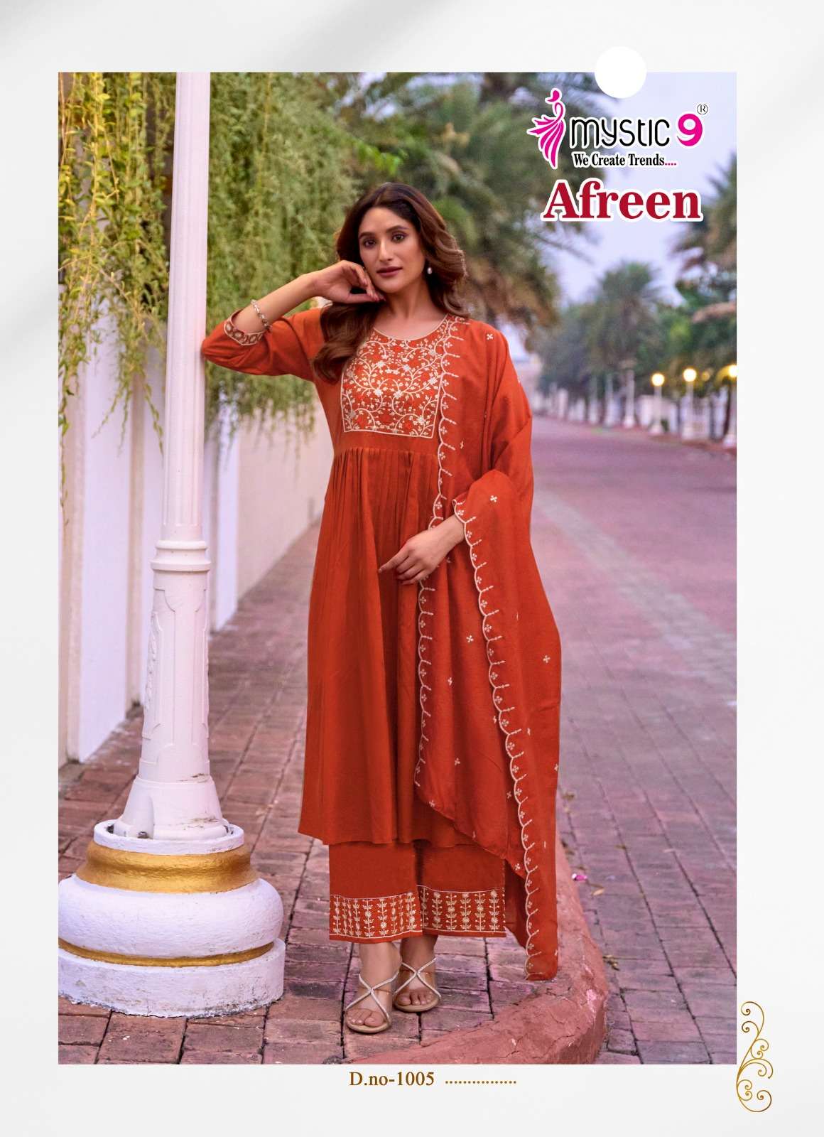 MYSTIC 9  AFREEN VOL 1 VISCOSE FANCY WORK NAIRA CUT PATTERN KURTI COMBO SET 