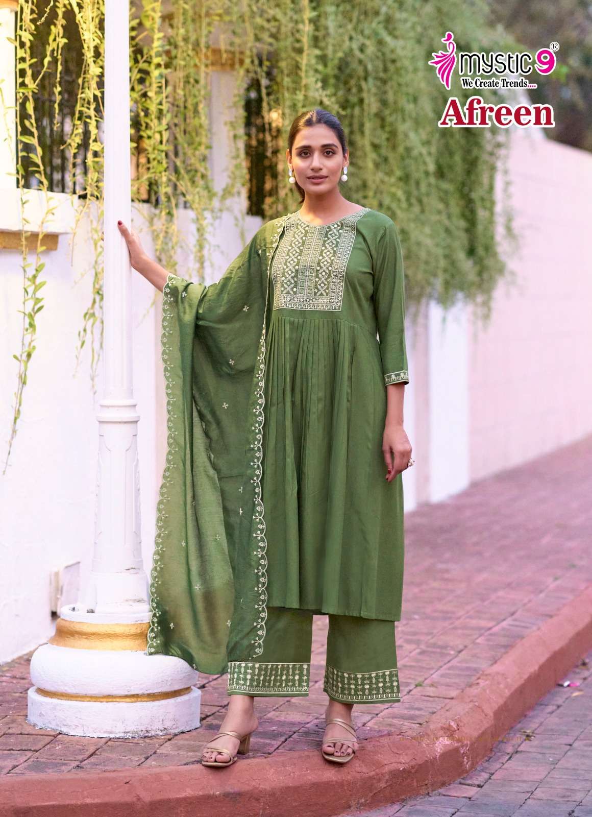 MYSTIC 9  AFREEN VOL 1 VISCOSE FANCY WORK NAIRA CUT PATTERN KURTI COMBO SET 