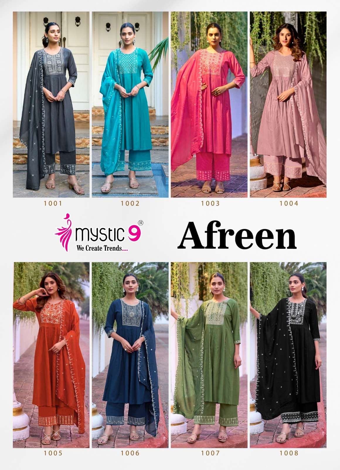 MYSTIC 9  AFREEN VOL 1 VISCOSE FANCY WORK NAIRA CUT PATTERN KURTI COMBO SET 
