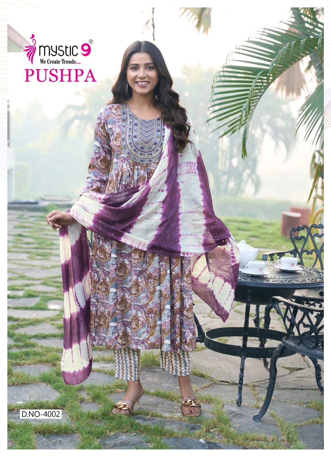 MYSTIC 9  PUSHPA  VOL 4 RAYON PRINT UMBRELLA CUT  PATTERN KURTI COMBO SET 