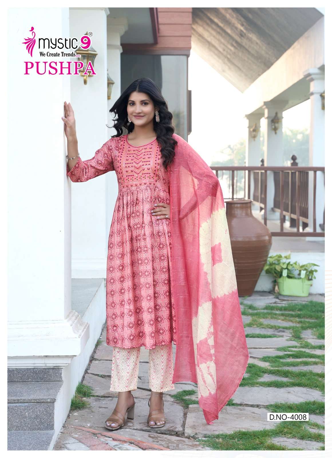MYSTIC 9  PUSHPA  VOL 4 RAYON PRINT UMBRELLA CUT  PATTERN KURTI COMBO SET 