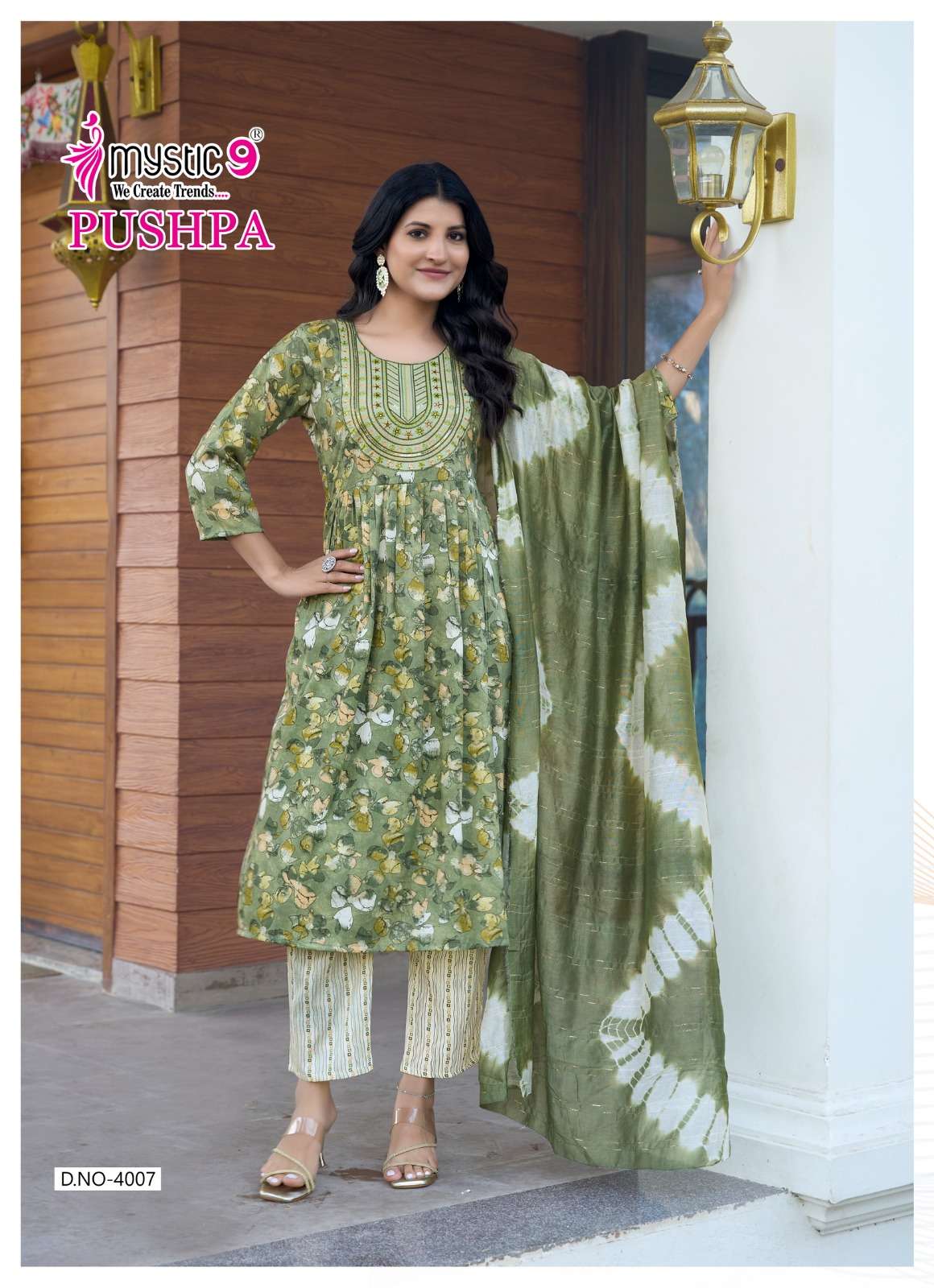 MYSTIC 9  PUSHPA  VOL 4 RAYON PRINT UMBRELLA CUT  PATTERN KURTI COMBO SET 