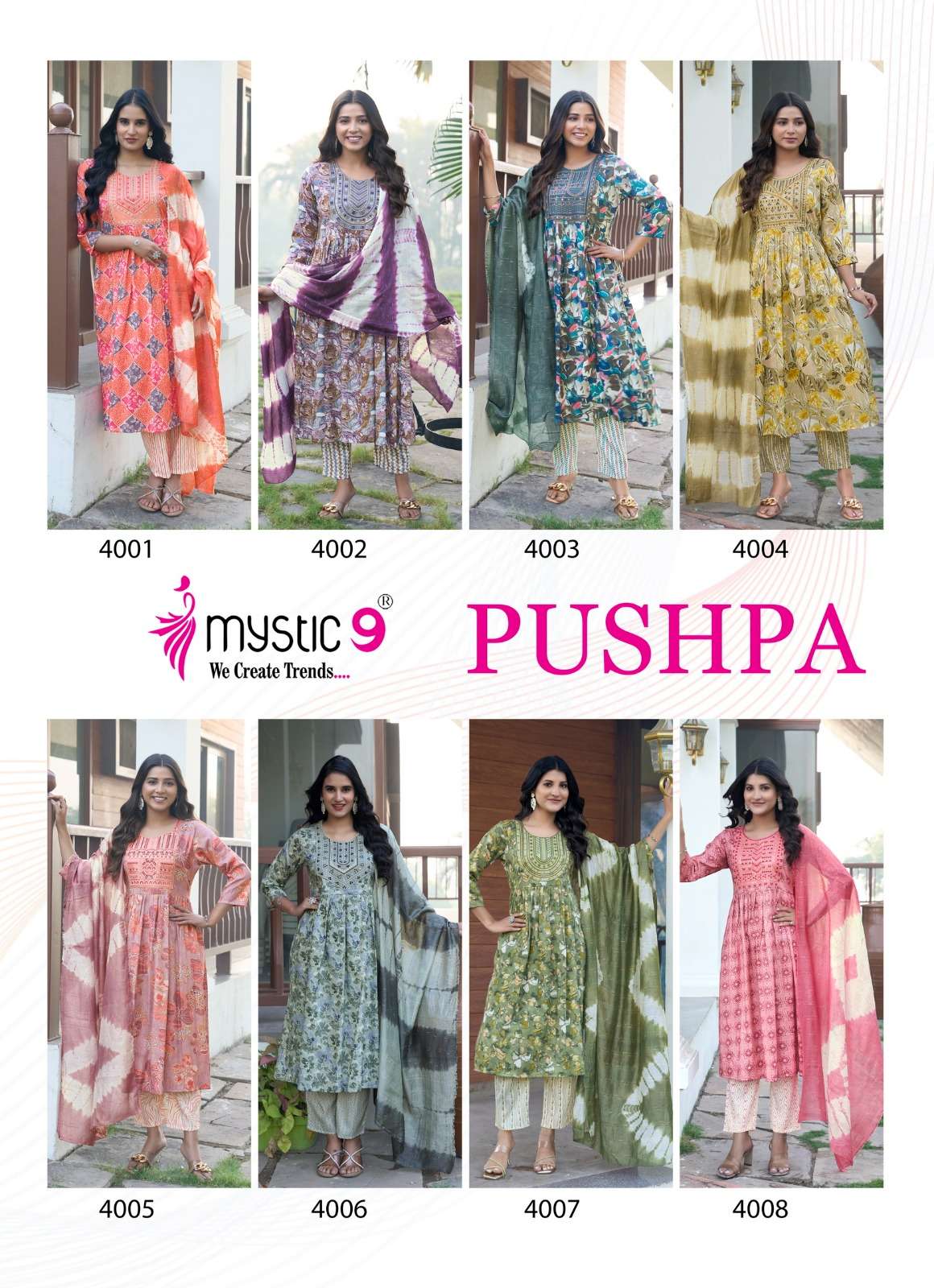 MYSTIC 9  PUSHPA  VOL 4 RAYON PRINT UMBRELLA CUT  PATTERN KURTI COMBO SET 