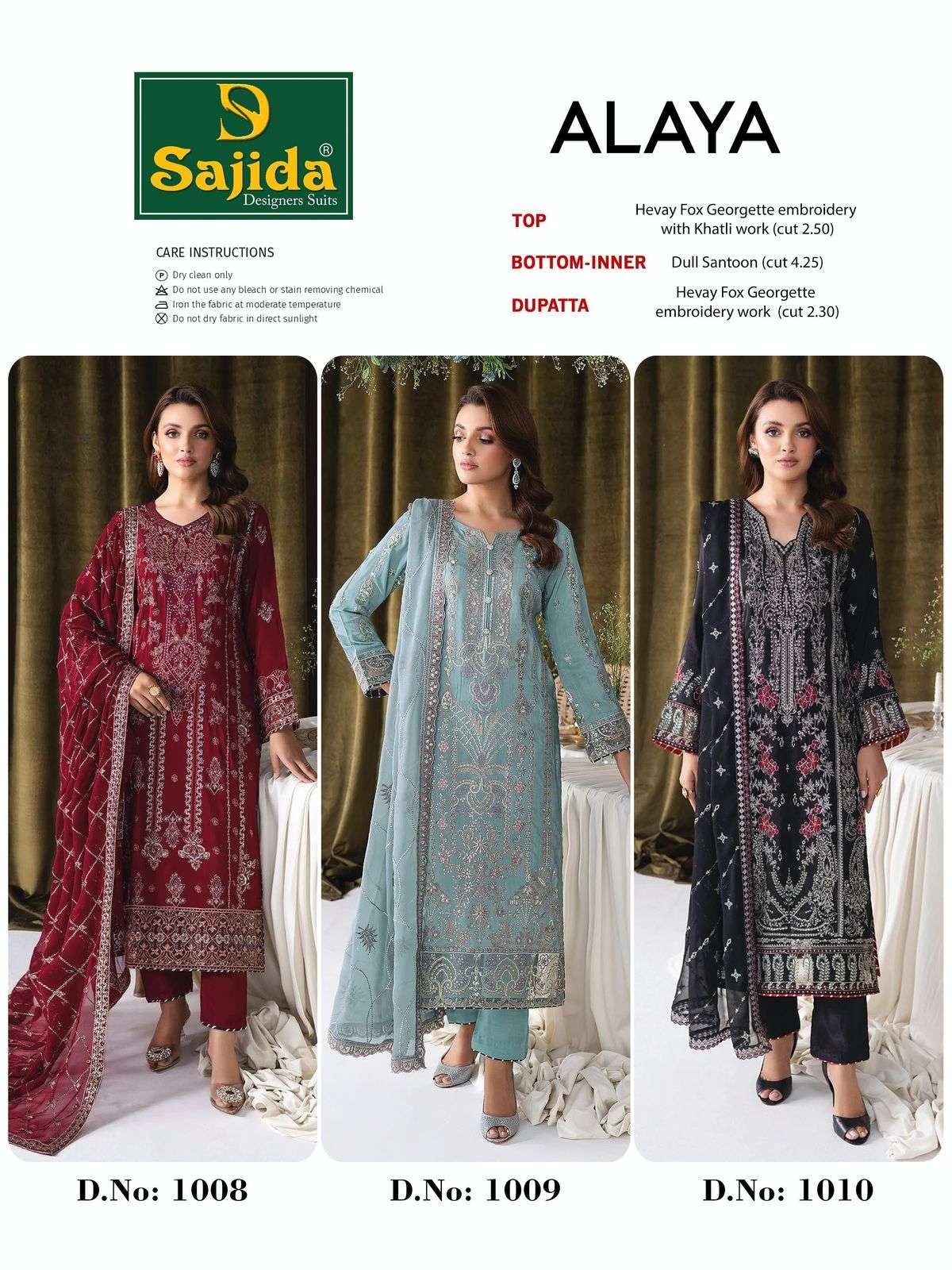 SAJIDA DESIGNER ALAYA VOL 1 DESIGN NO - 1008-1009-1010 GEORGETTE HEAVY EMBROIDERED KHATLI WORK PAKISTANI SUIT 