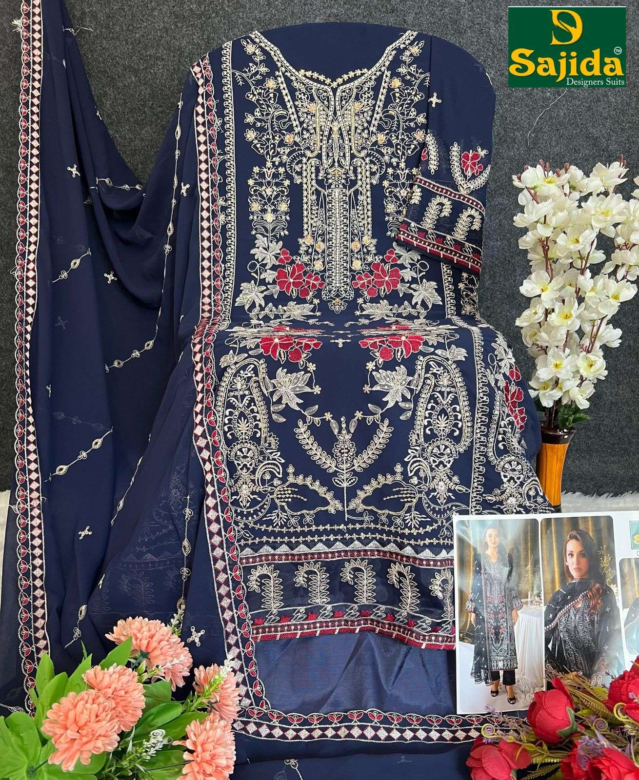 SAJIDA DESIGNER ALAYA VOL 1 DESIGN NO - 1008-1009-1010 GEORGETTE HEAVY EMBROIDERED KHATLI WORK PAKISTANI SUIT 
