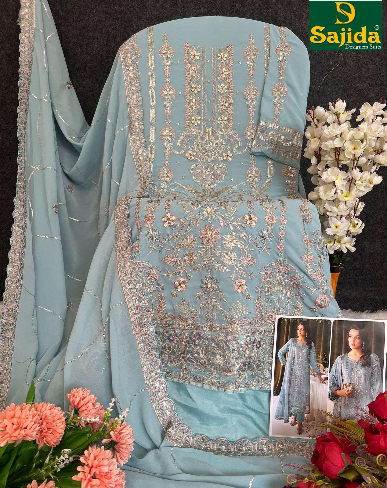 SAJIDA DESIGNER ALAYA VOL 1 DESIGN NO - 1008-1009-1010 GEORGETTE HEAVY EMBROIDERED KHATLI WORK PAKISTANI SUIT 