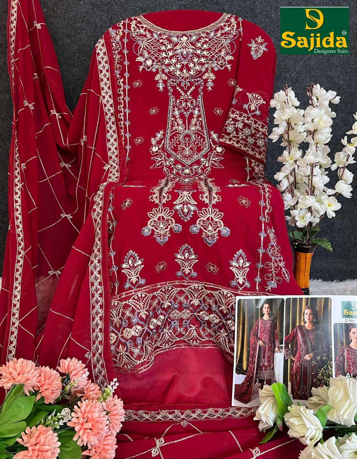 SAJIDA DESIGNER ALAYA VOL 1 DESIGN NO - 1008-1009-1010 GEORGETTE HEAVY EMBROIDERED KHATLI WORK PAKISTANI SUIT 