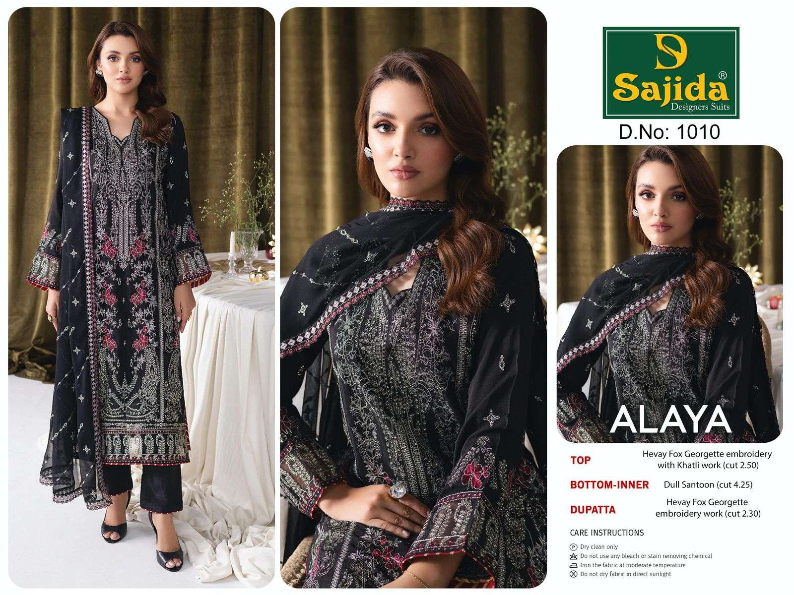 SAJIDA DESIGNER ALAYA VOL 1 DESIGN NO - 1008-1009-1010 GEORGETTE HEAVY EMBROIDERED KHATLI WORK PAKISTANI SUIT 