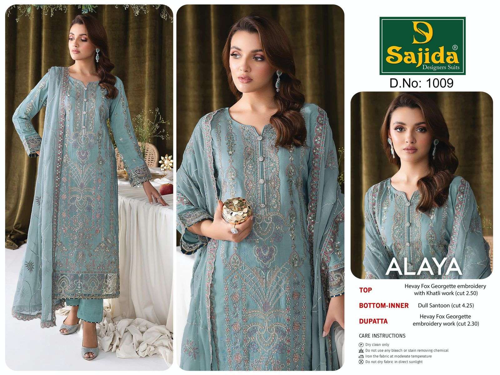 SAJIDA DESIGNER ALAYA VOL 1 DESIGN NO - 1008-1009-1010 GEORGETTE HEAVY EMBROIDERED KHATLI WORK PAKISTANI SUIT 