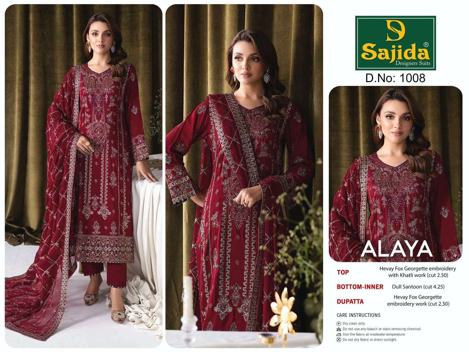 SAJIDA DESIGNER ALAYA VOL 1 DESIGN NO - 1008-1009-1010 GEORGETTE HEAVY EMBROIDERED KHATLI WORK PAKISTANI SUIT 