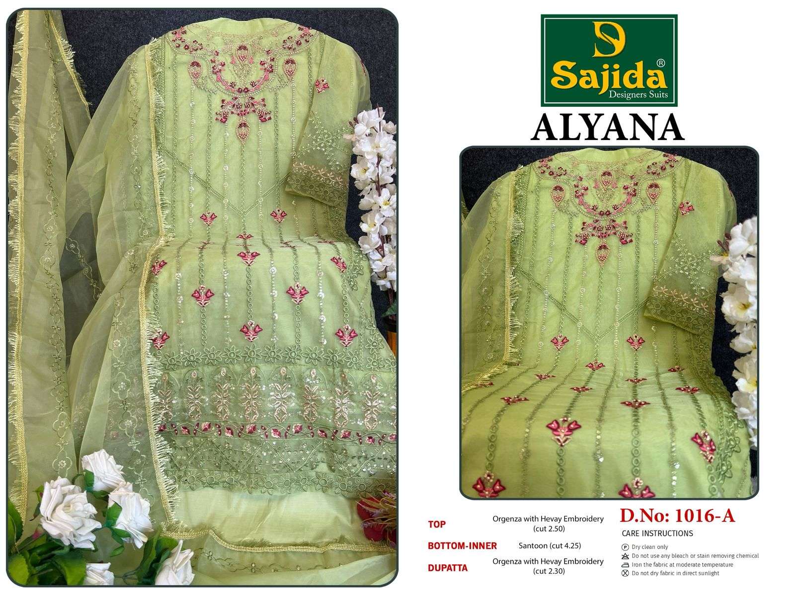 SAJIDA DESIGNER ALYANA VOL 1 DESIGN NO - 1016 ABCD ORGANZA HEAVY EMBROIDERED PAKISTANI SUIT 