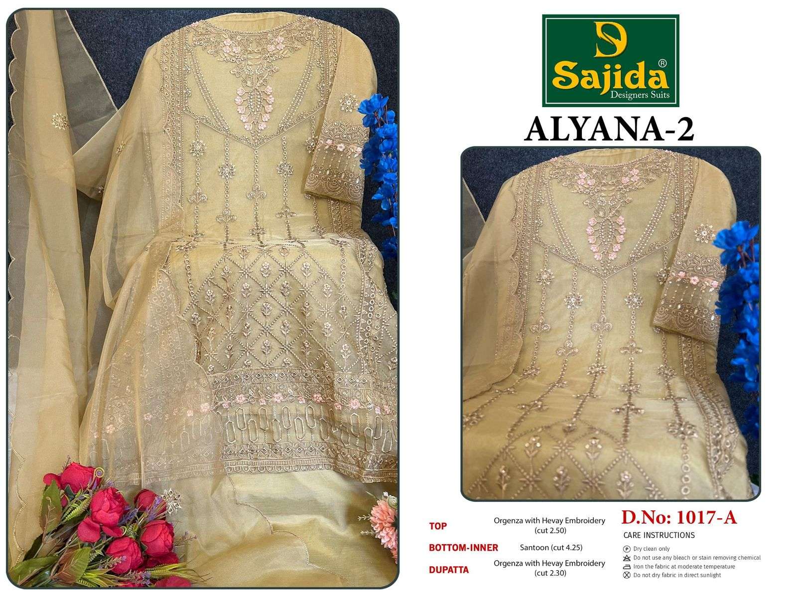 SAJIDA DESIGNER ALYANA VOL 2 DESIGN NO - 1017 ABCD ORGANZA HEAVY EMBROIDERED PAKISTANI SUIT 