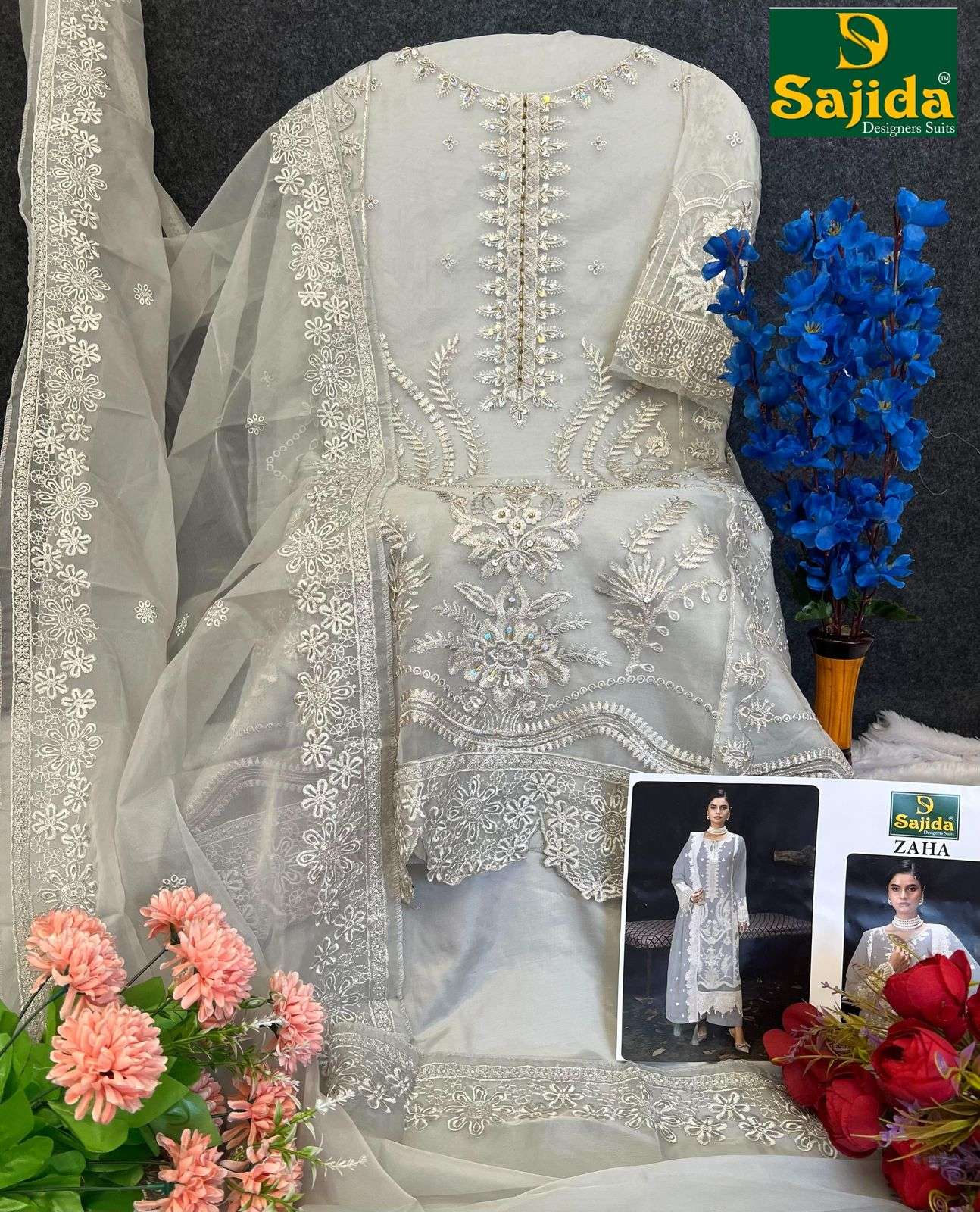 SAJIDA DESIGNER DESIGN NO - 1013 ABCD ORGANZA HEAVY EMBROIDERED KHATLI WORK PAKISTANI PARTY WEAR SUIT