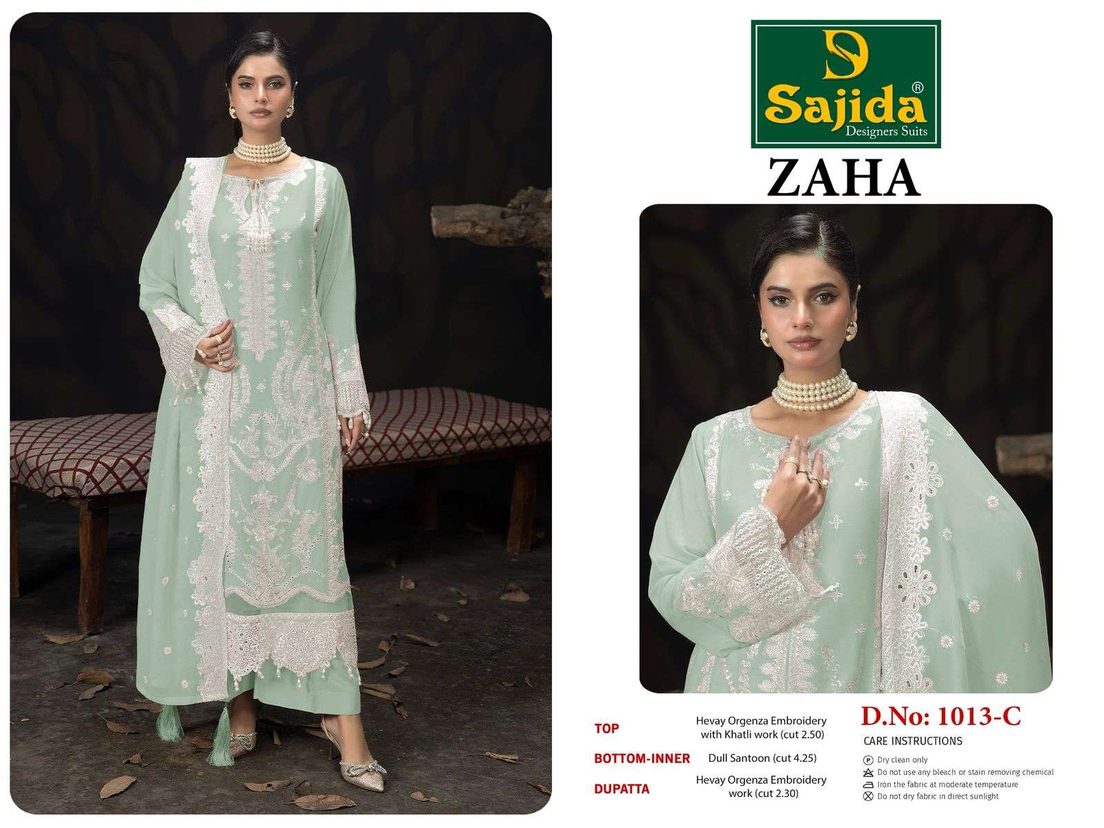 SAJIDA DESIGNER DESIGN NO - 1013 ABCD ORGANZA HEAVY EMBROIDERED KHATLI WORK PAKISTANI PARTY WEAR SUIT