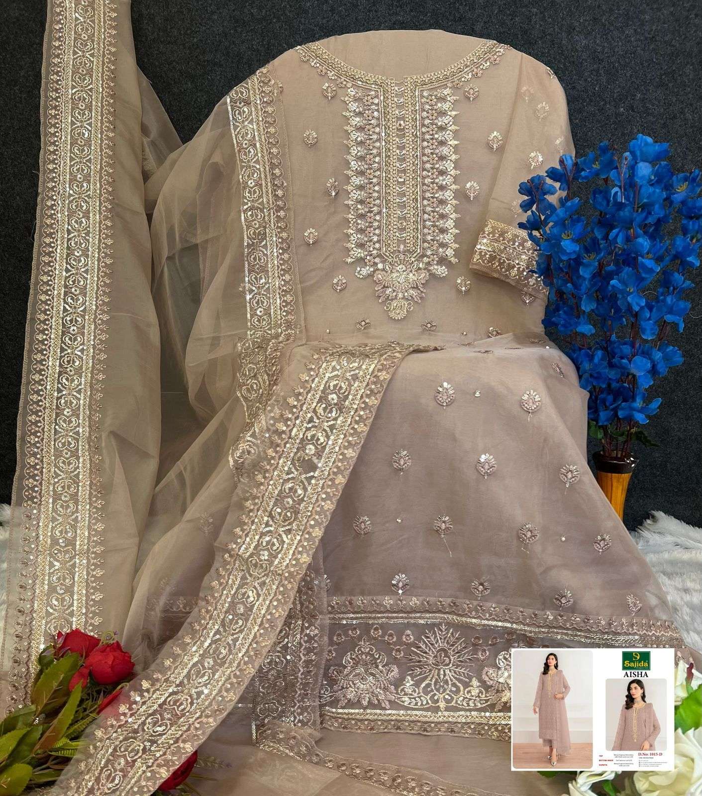 SAJIDA DESIGNER DESIGN NO - 1015 ABCD ORGANZA HEAVY EMBROIDERED KHATLI WORK PAKISTANI PARTY WEAR SUIT