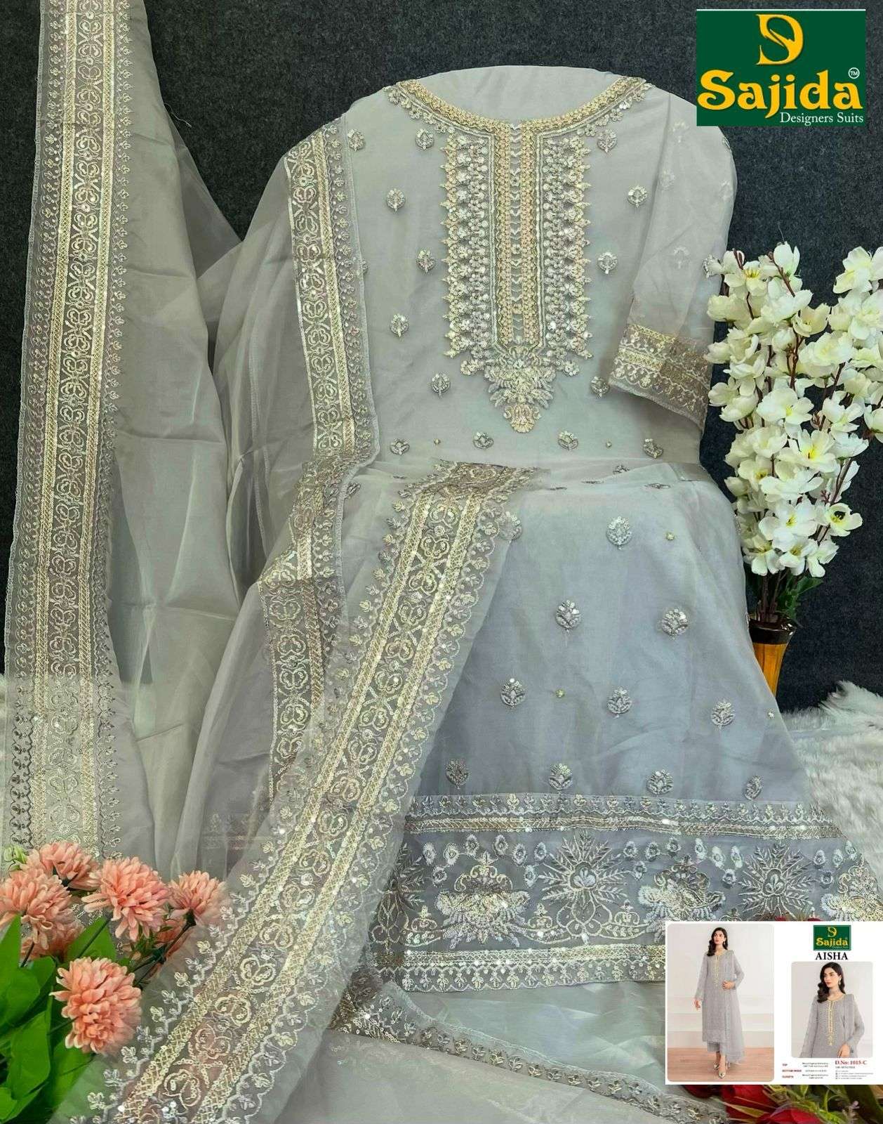 SAJIDA DESIGNER DESIGN NO - 1015 ABCD ORGANZA HEAVY EMBROIDERED KHATLI WORK PAKISTANI PARTY WEAR SUIT