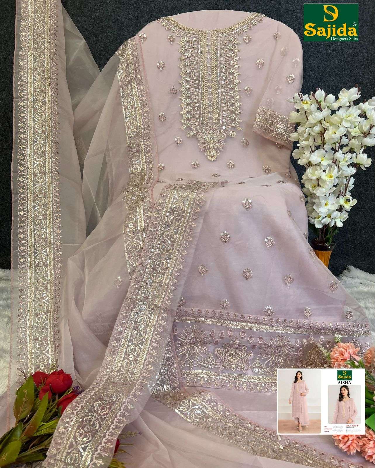 SAJIDA DESIGNER DESIGN NO - 1015 ABCD ORGANZA HEAVY EMBROIDERED KHATLI WORK PAKISTANI PARTY WEAR SUIT