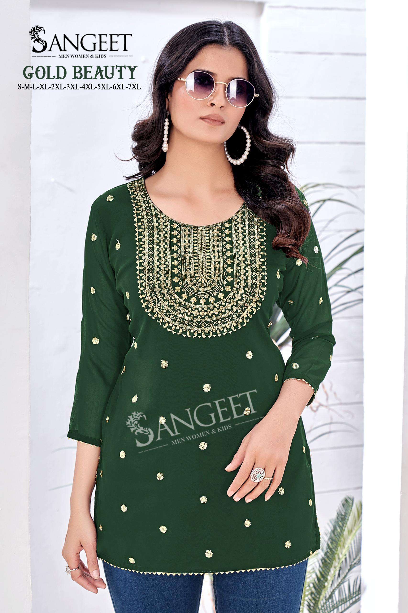 SANGEET GOLD BEAUTY FANCY SUMMER WEAR LADIES SHORT KURTI
