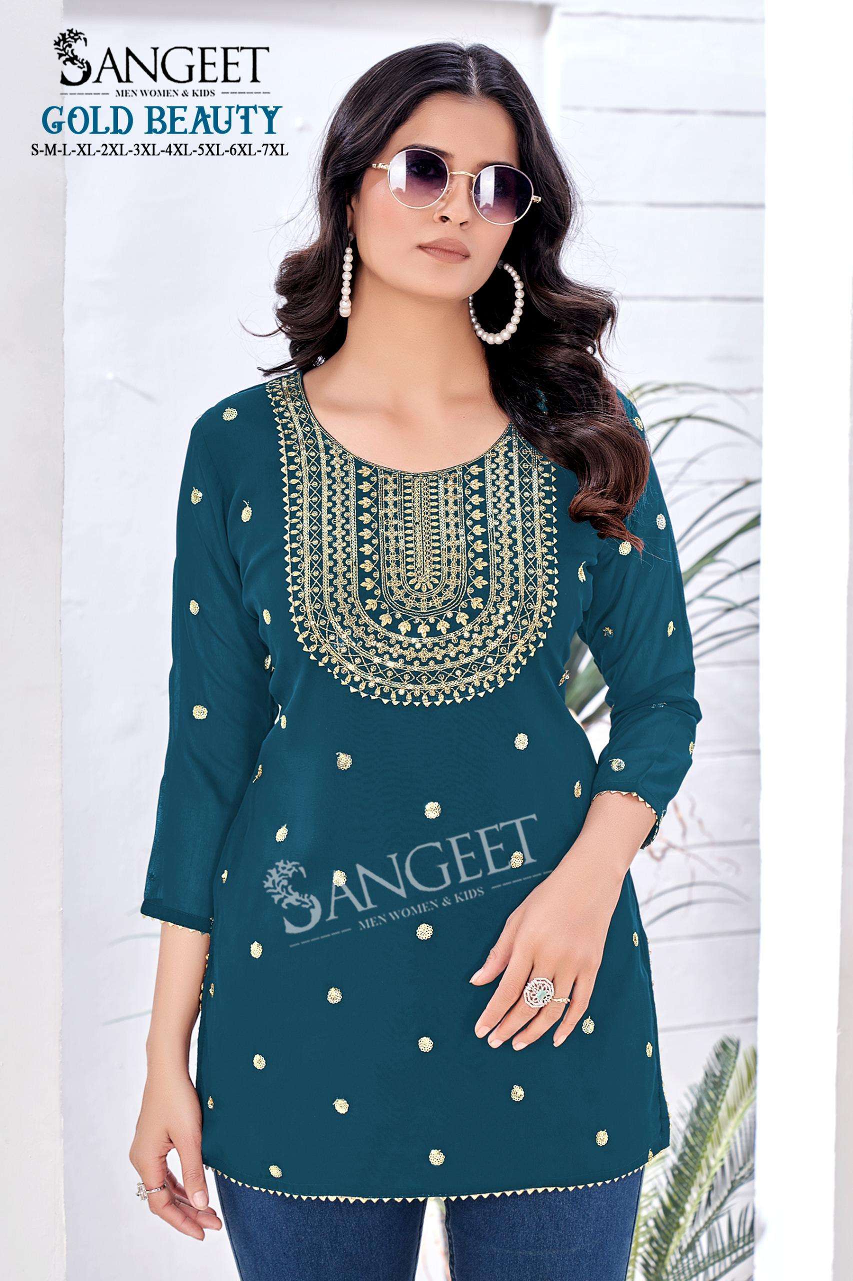 SANGEET GOLD BEAUTY FANCY SUMMER WEAR LADIES SHORT KURTI