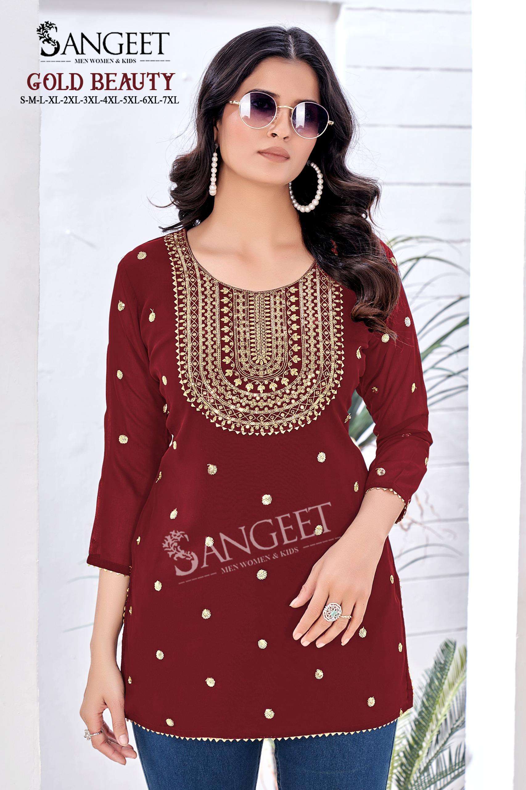 SANGEET GOLD BEAUTY FANCY SUMMER WEAR LADIES SHORT KURTI