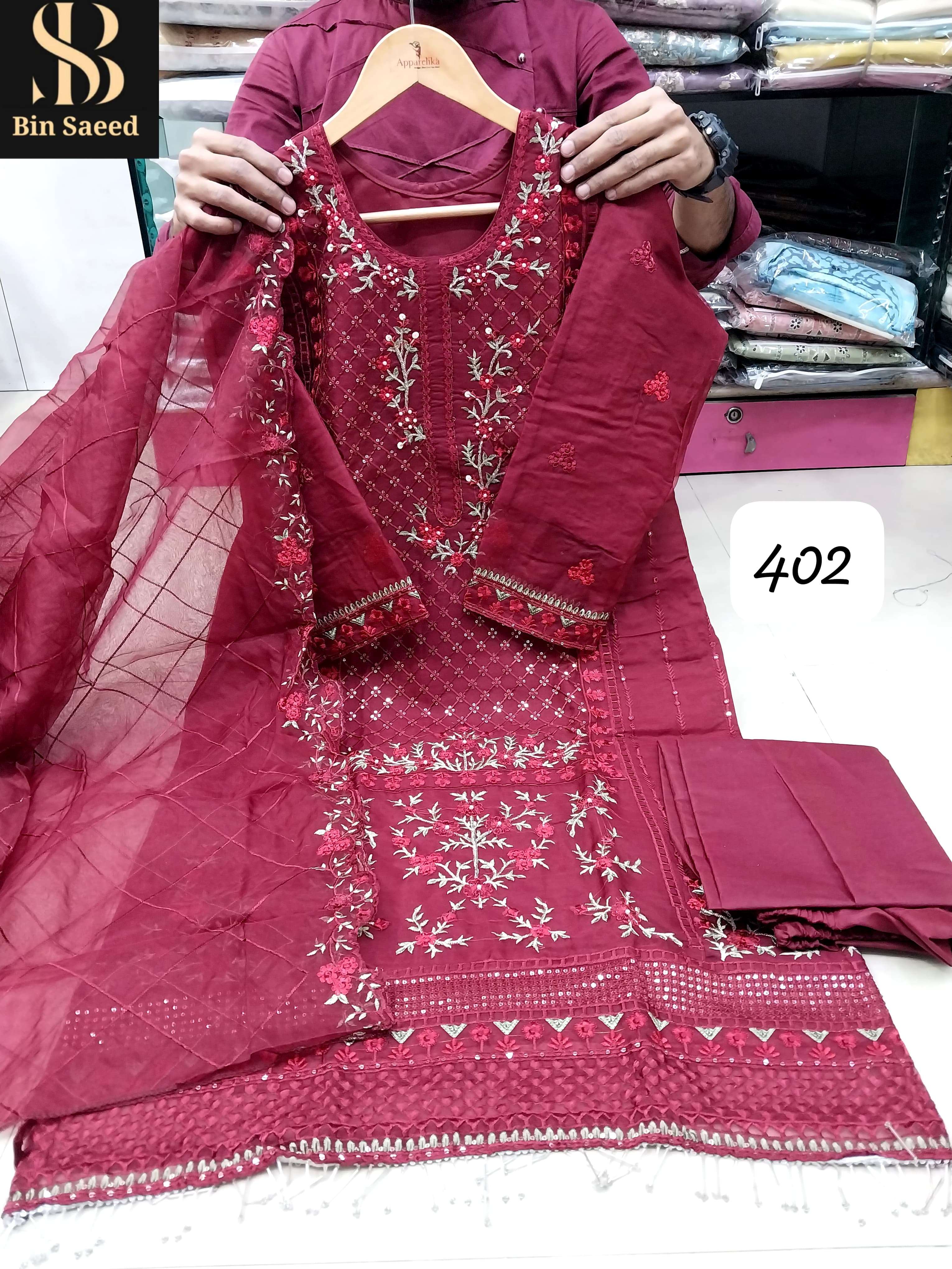 SAPPHIRE BIN SAEED READY MADE COLLECTION D NO 402 ORGANZA DESIGNER WORK SUIT