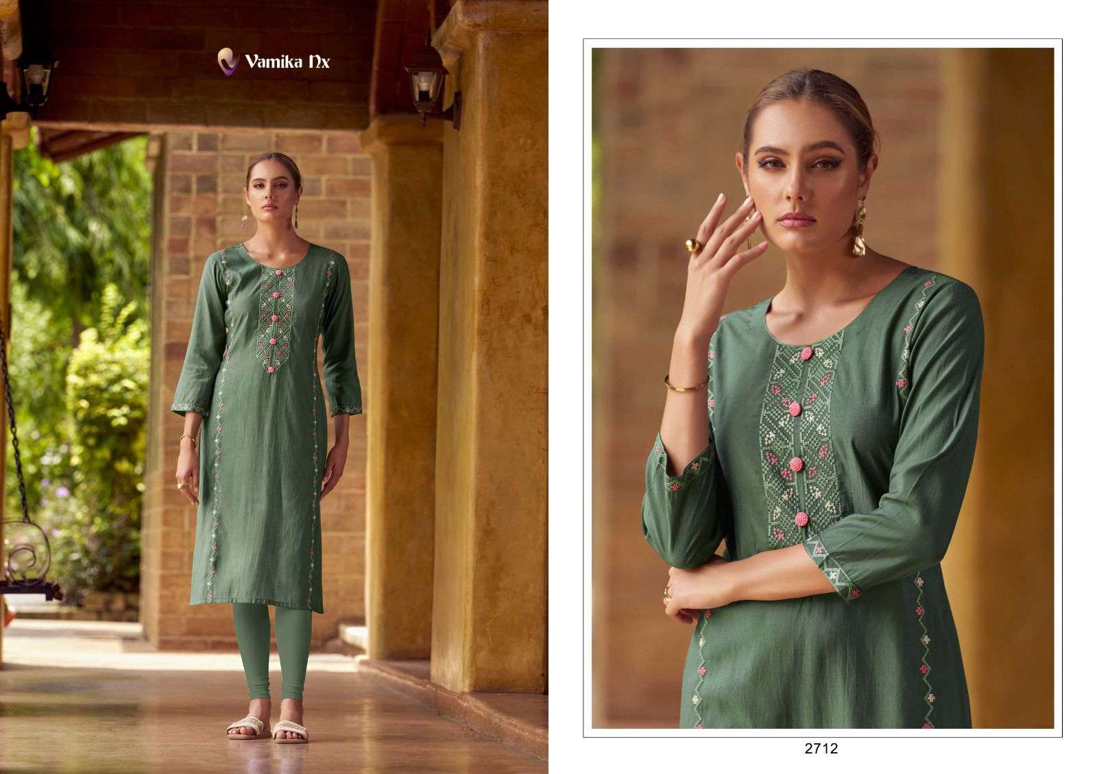  VAMIKA NX MELODY CHANDERI SILK FANCY WORKS KURTI WITH PANT SET