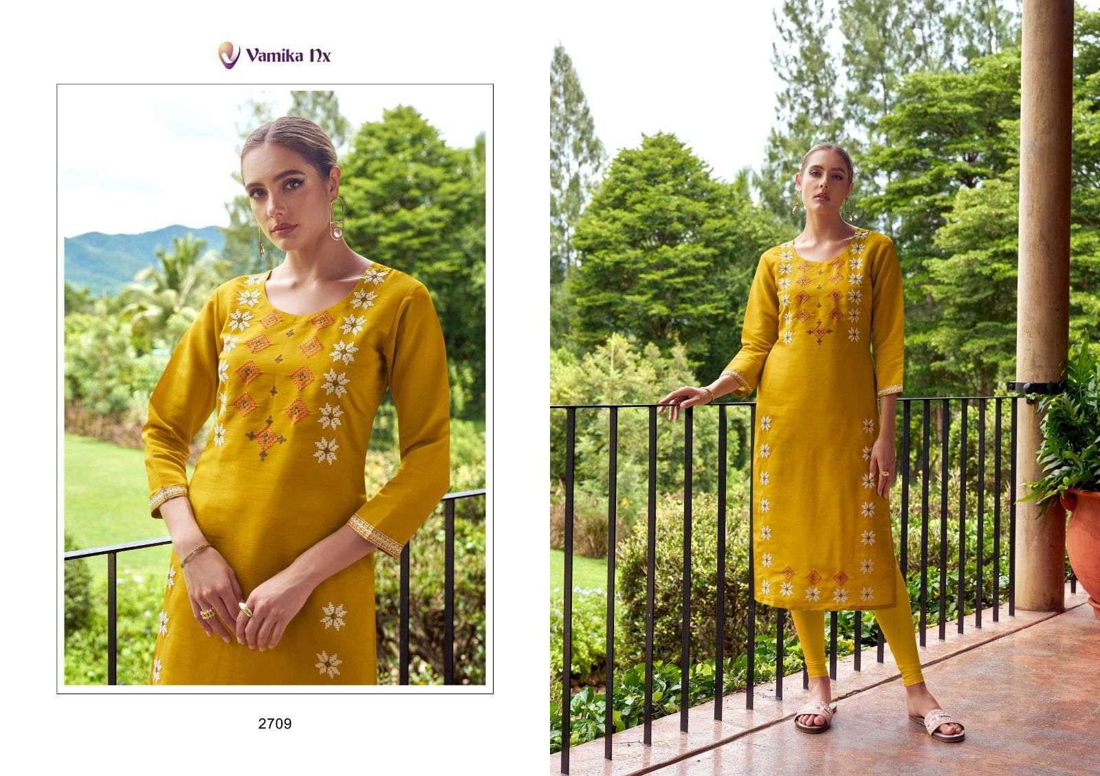  VAMIKA NX MELODY CHANDERI SILK FANCY WORKS KURTI WITH PANT SET
