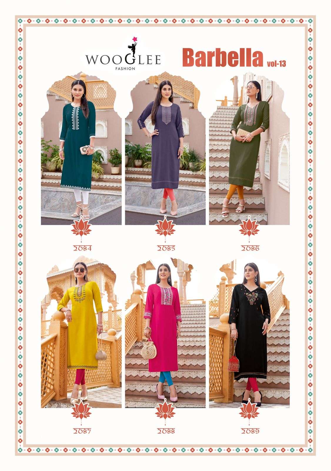 WOOGLEE BARBELLA VOL 13 RAYON FANCY HAND WORKS LADIES KURTI	