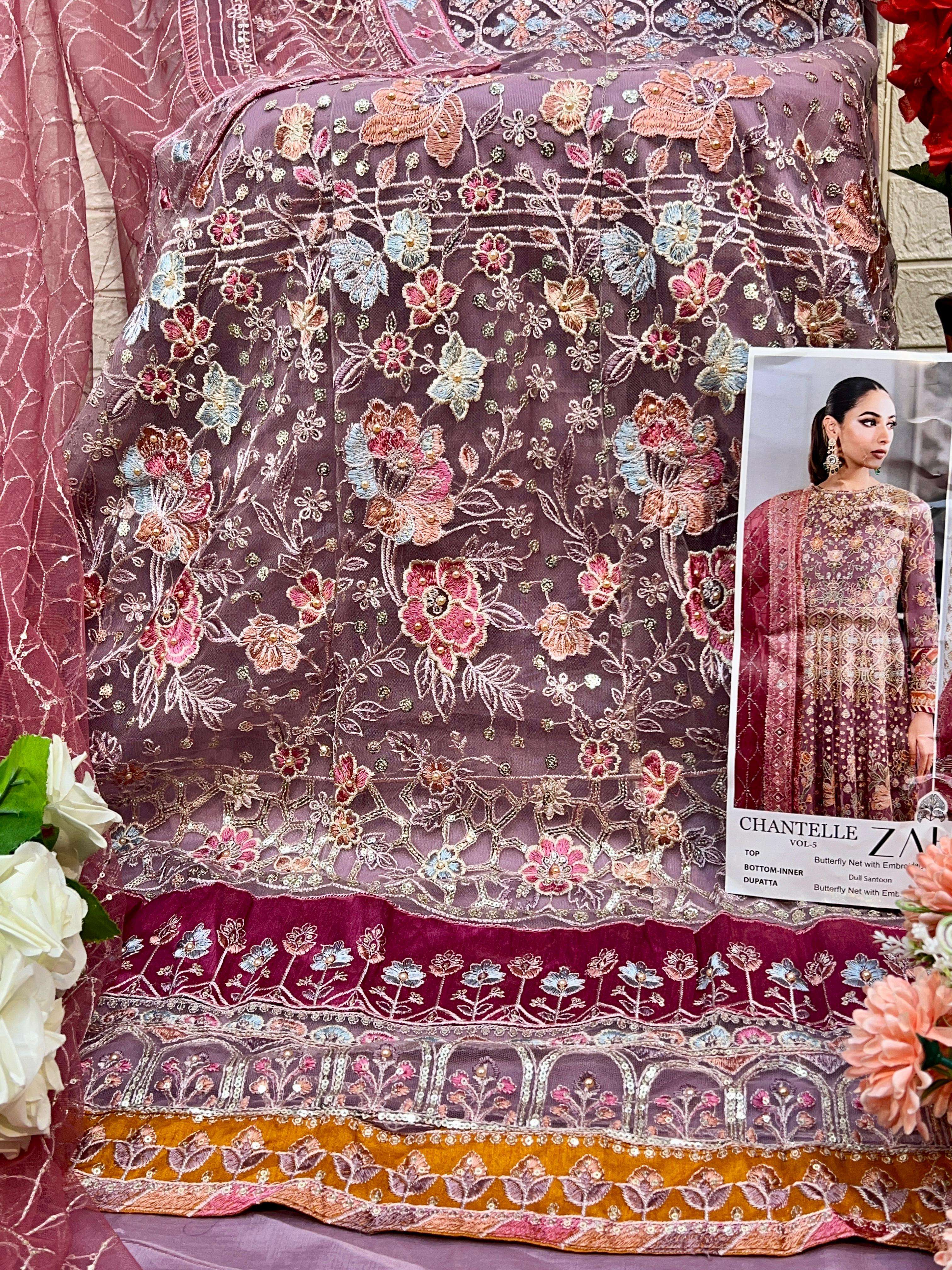 ZAHA DESIGN NO - 10293 D BUTTERFLY NET HEAVY EMBROIDERED MOTI WORK PAKISTANI SUIT