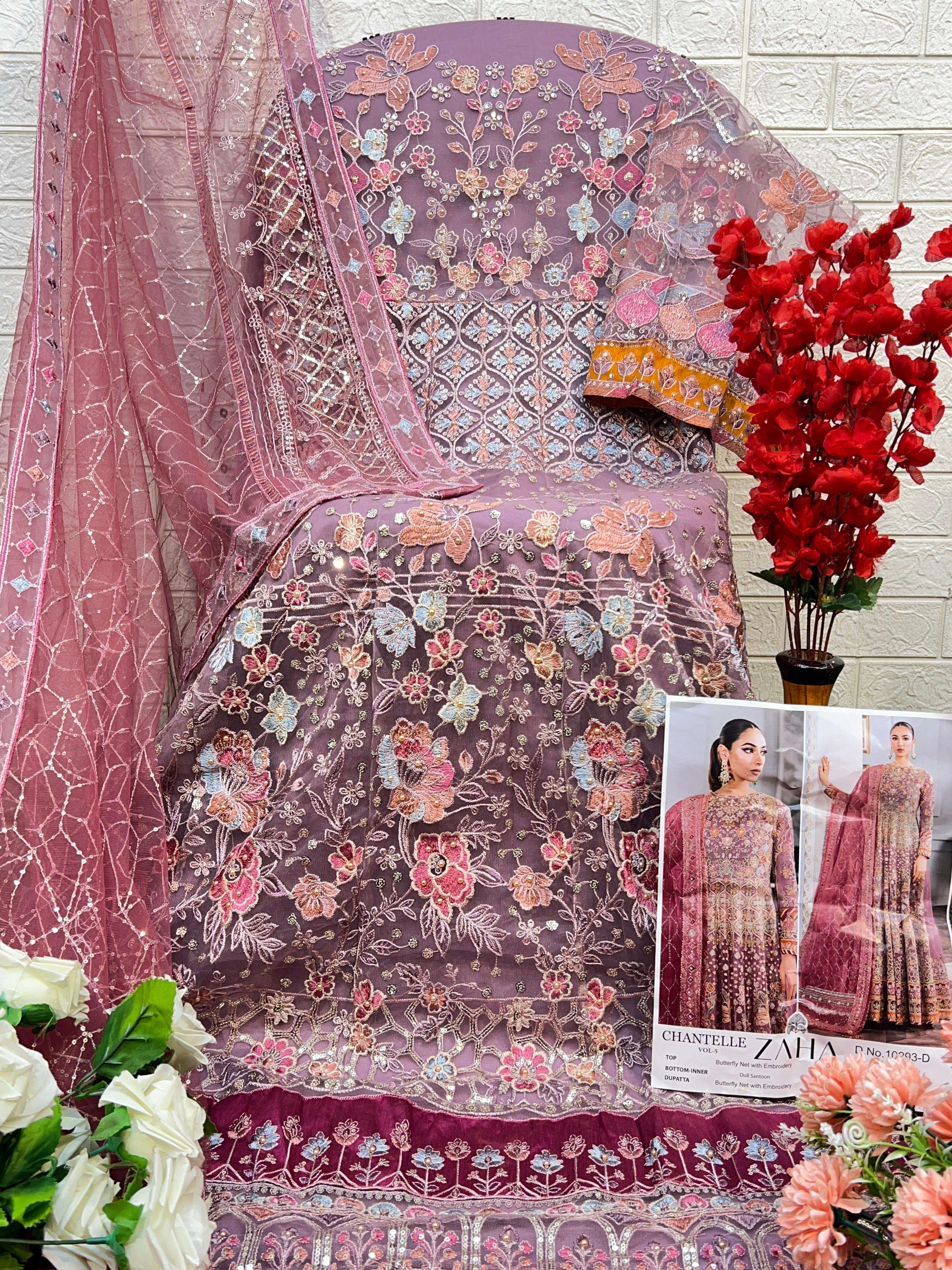 ZAHA DESIGN NO - 10293 D BUTTERFLY NET HEAVY EMBROIDERED MOTI WORK PAKISTANI SUIT