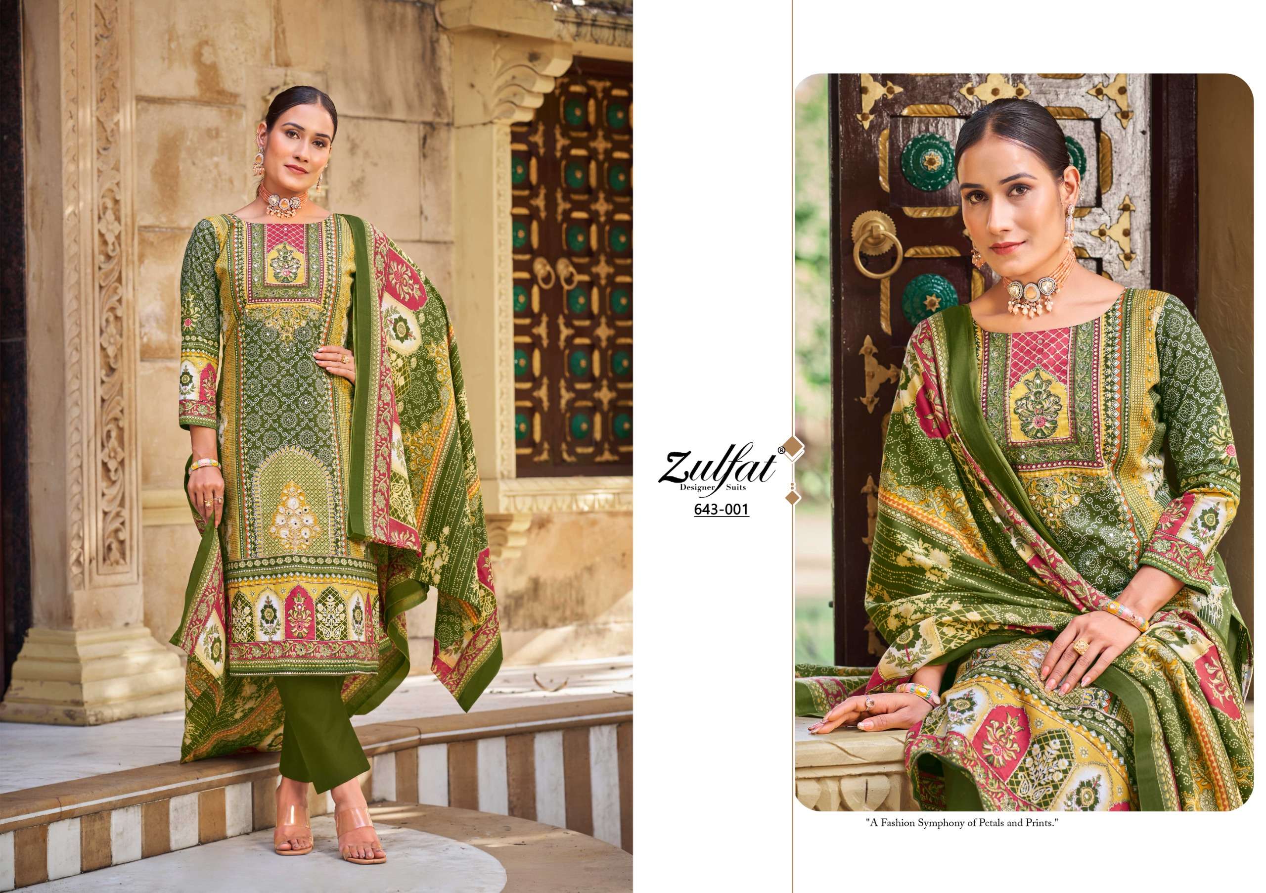 ZULFAT DESIGNER SUITS MALANG COTTON PRINTS WITH FANCY HAND WORK SUIT
