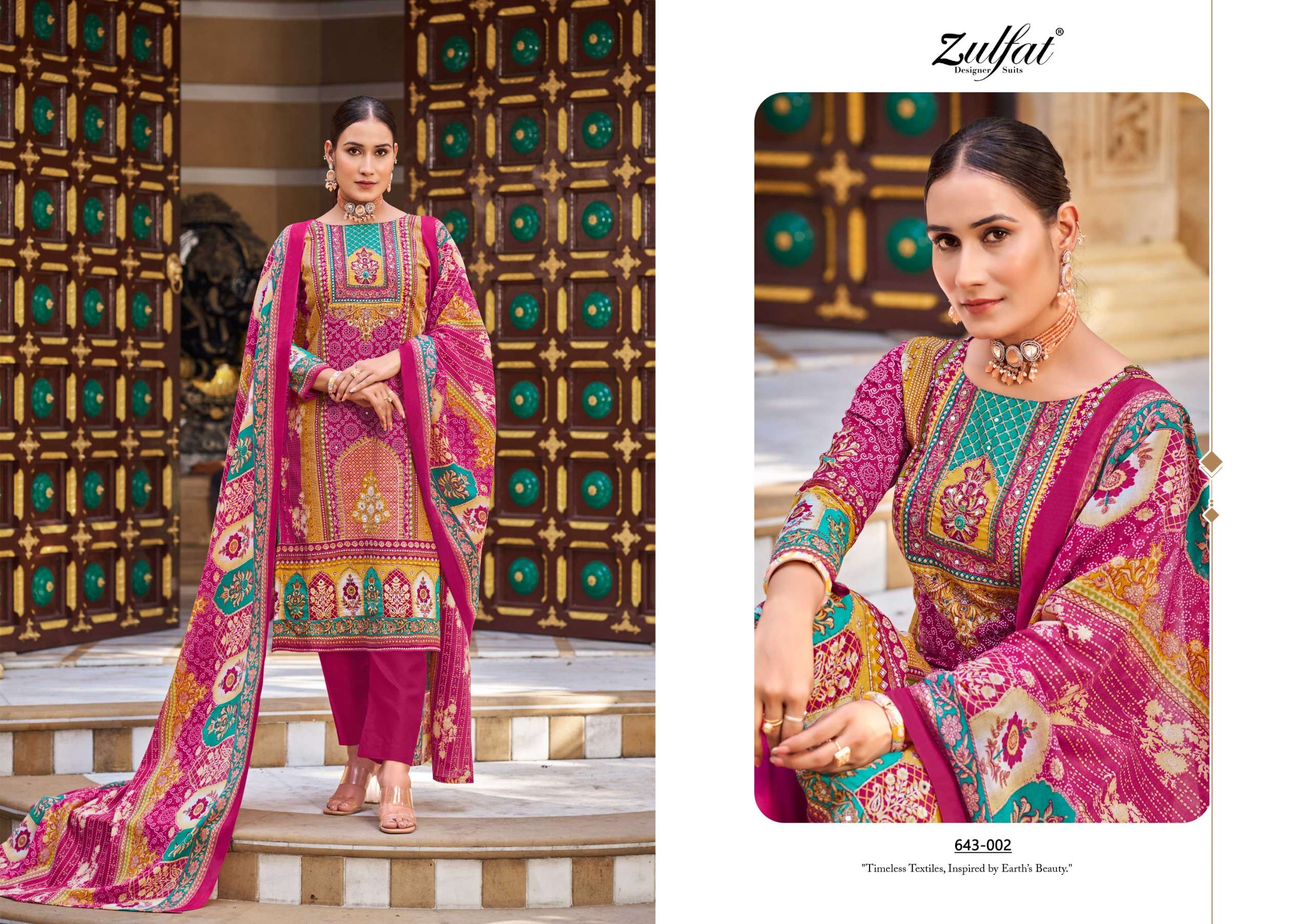 ZULFAT DESIGNER SUITS MALANG COTTON PRINTS WITH FANCY HAND WORK SUIT
