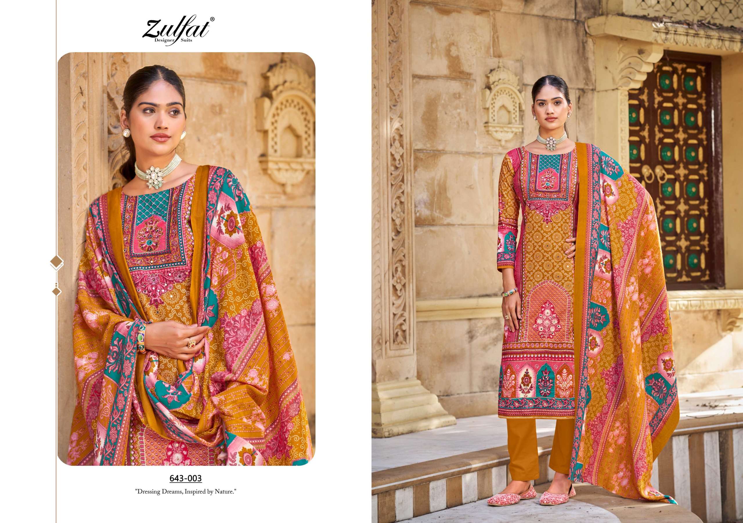 ZULFAT DESIGNER SUITS MALANG COTTON PRINTS WITH FANCY HAND WORK SUIT
