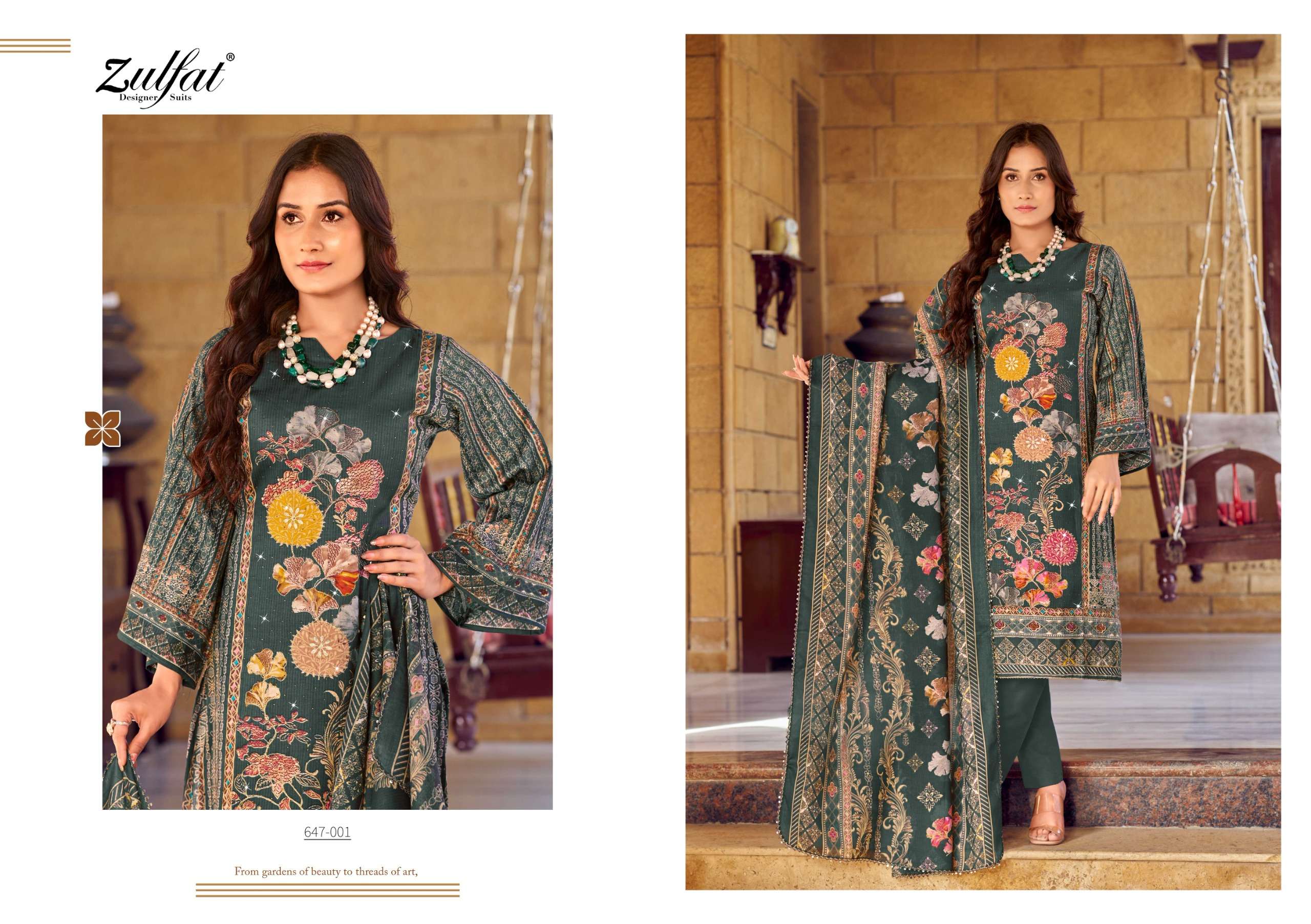 ZULFAT DESIGNER SUITS SANGINI VOL 6 JAM COTTON PRINT WITH FANCY WORK SUIT